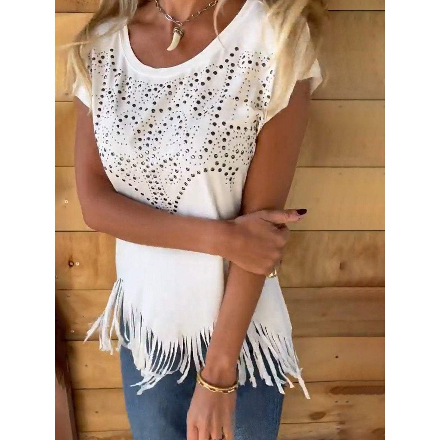 Studded Fringe Round Neck Cap Sleeve T-Shirt