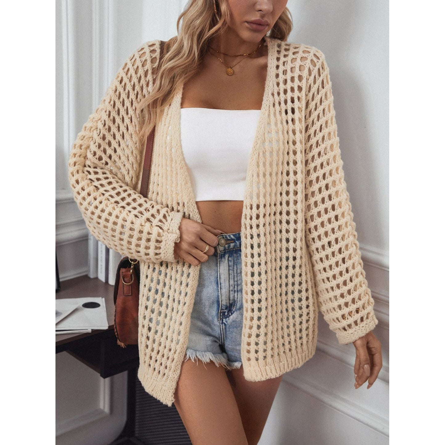 Openwork Open Front Long Sleeve Cardigan