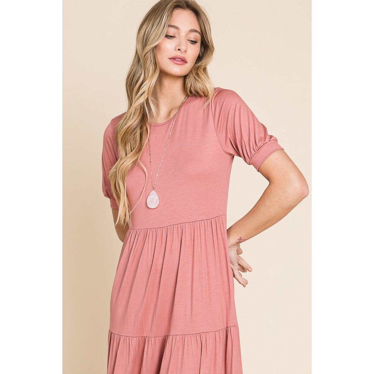 BOMBOM Short Sleeve Tiered Maxi Dress