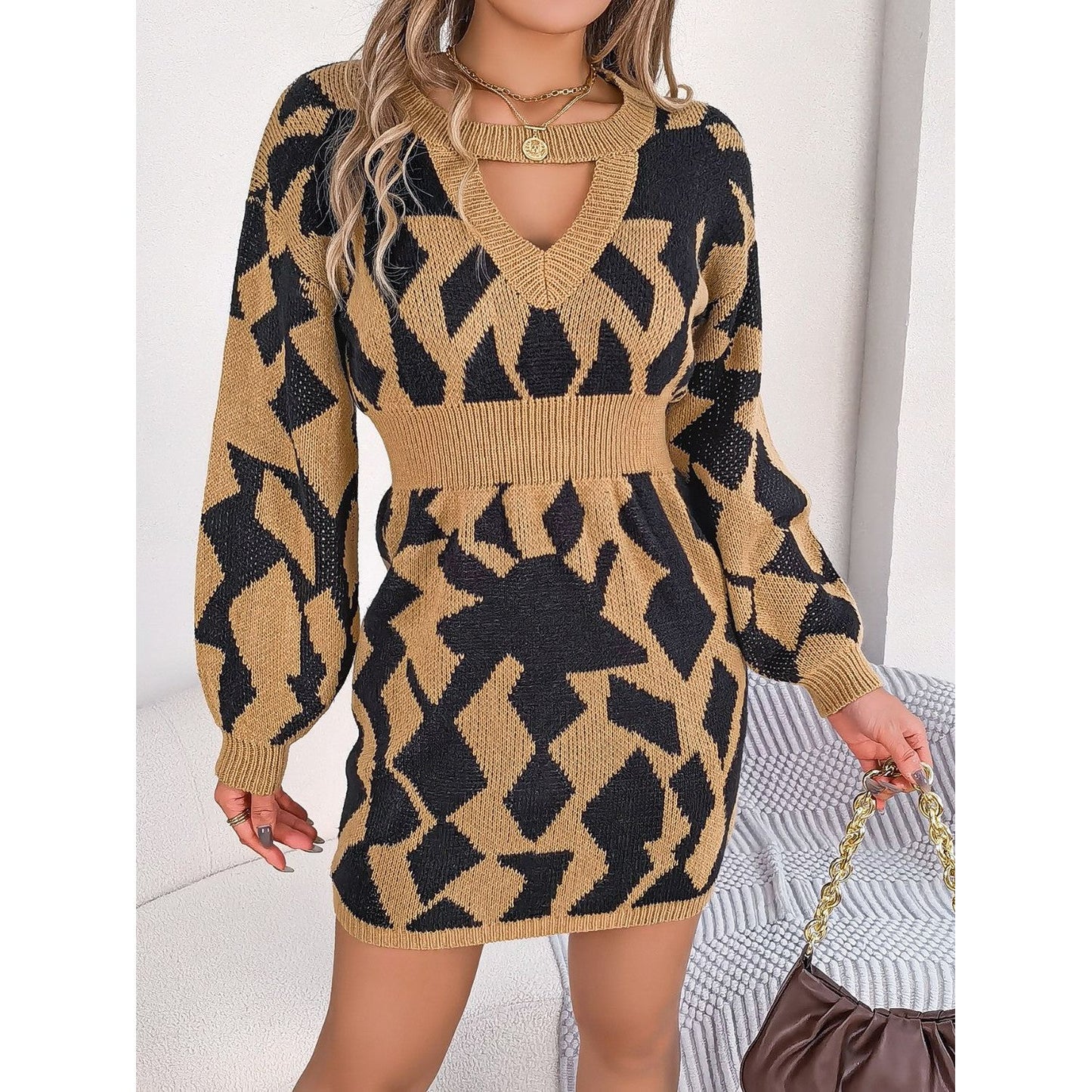 Contrast Round Neck Cutout Long Sleeve Mini Sweater Dress