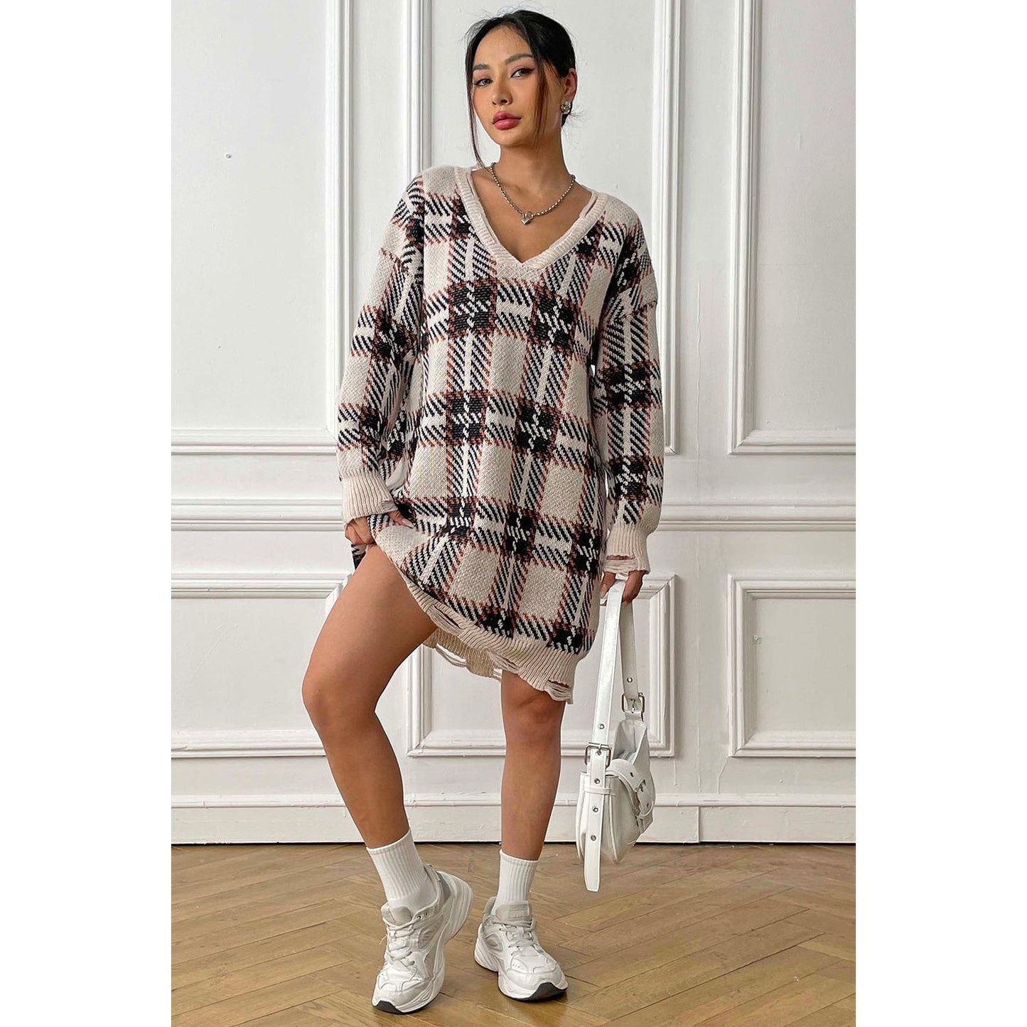 Plaid V-Neck Long Sleeve Sweater Dress