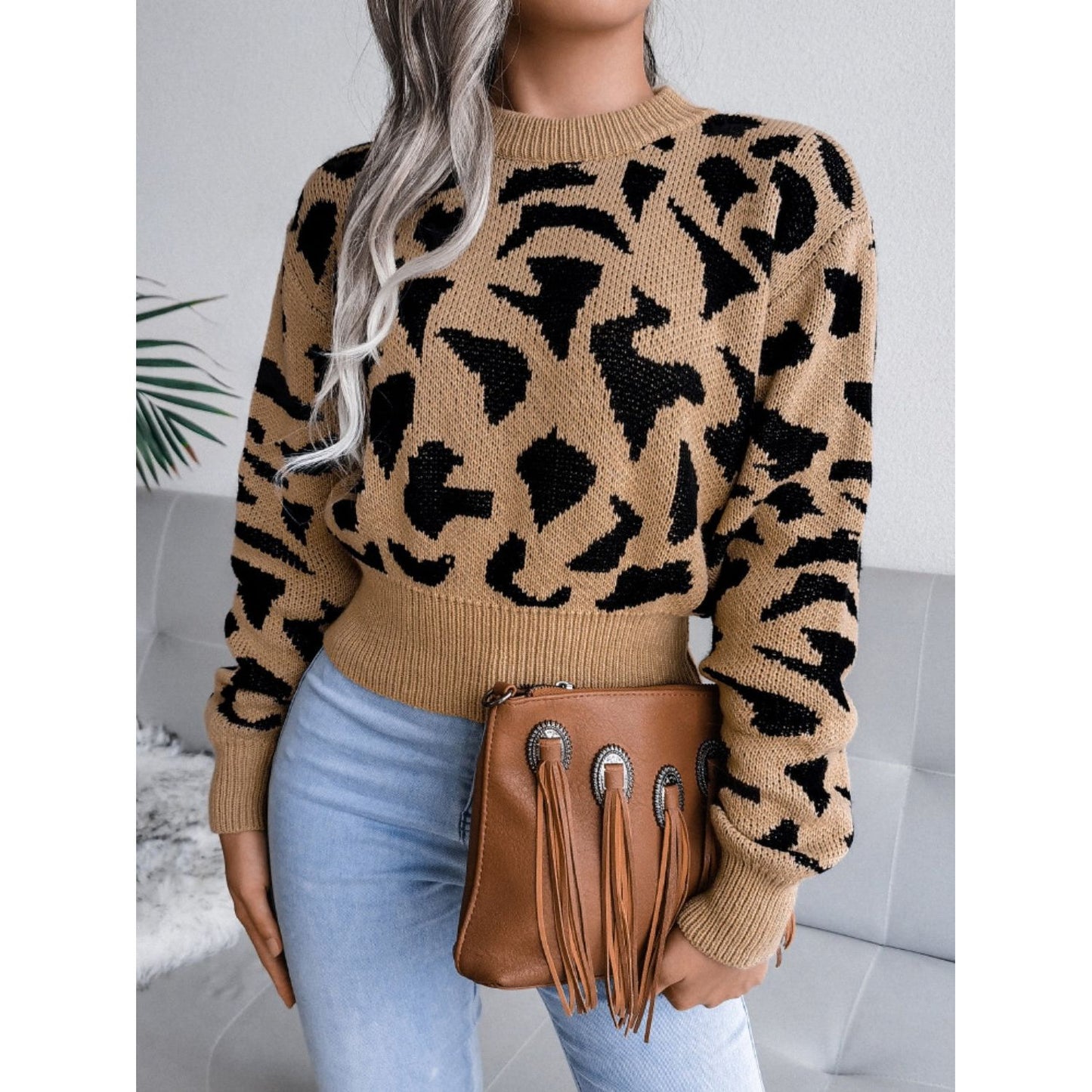 Leopard Round Neck Dropped Shoulder Sweater