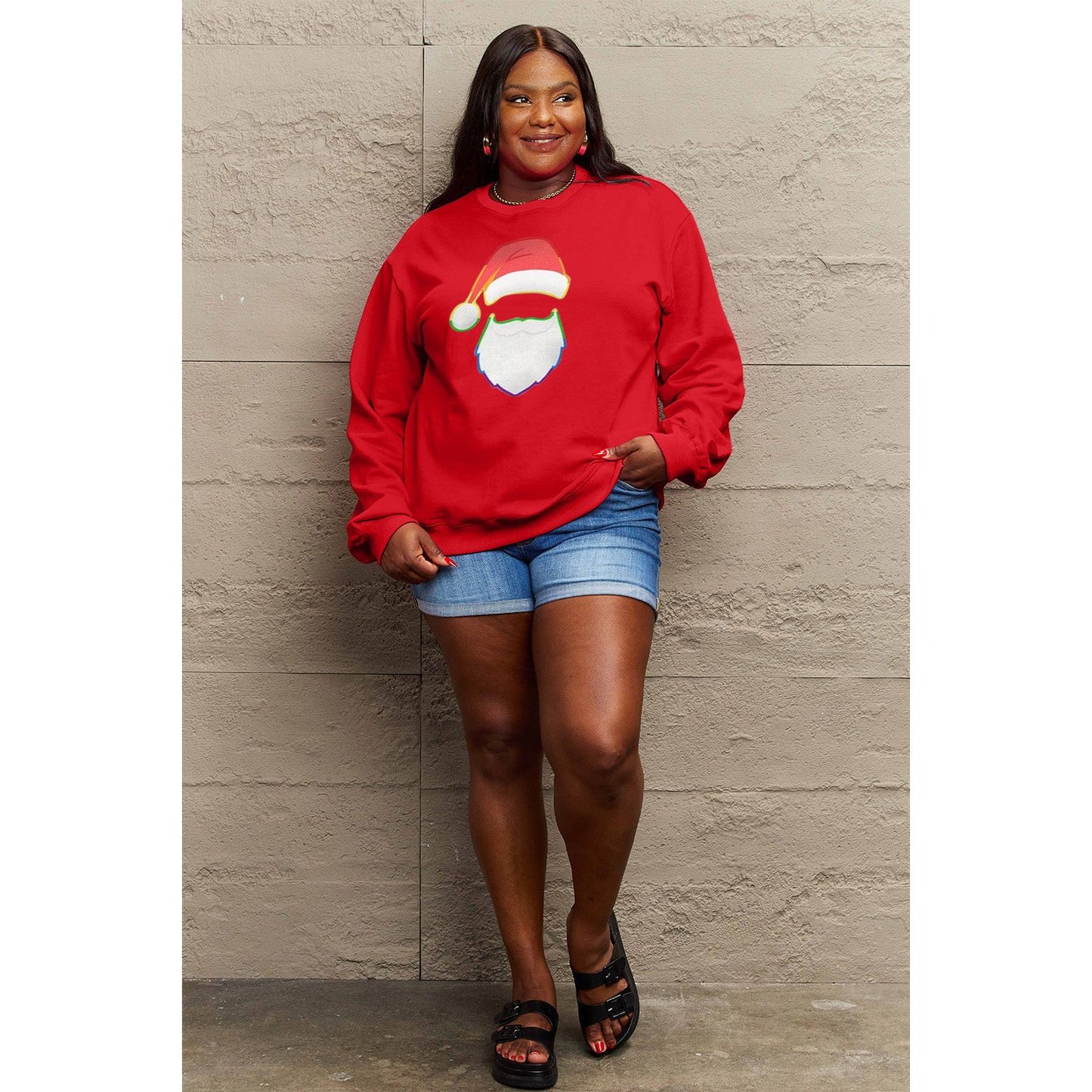 Simply Love Full Size Rainbow Santa Graphic Round Neck Sweatshirt