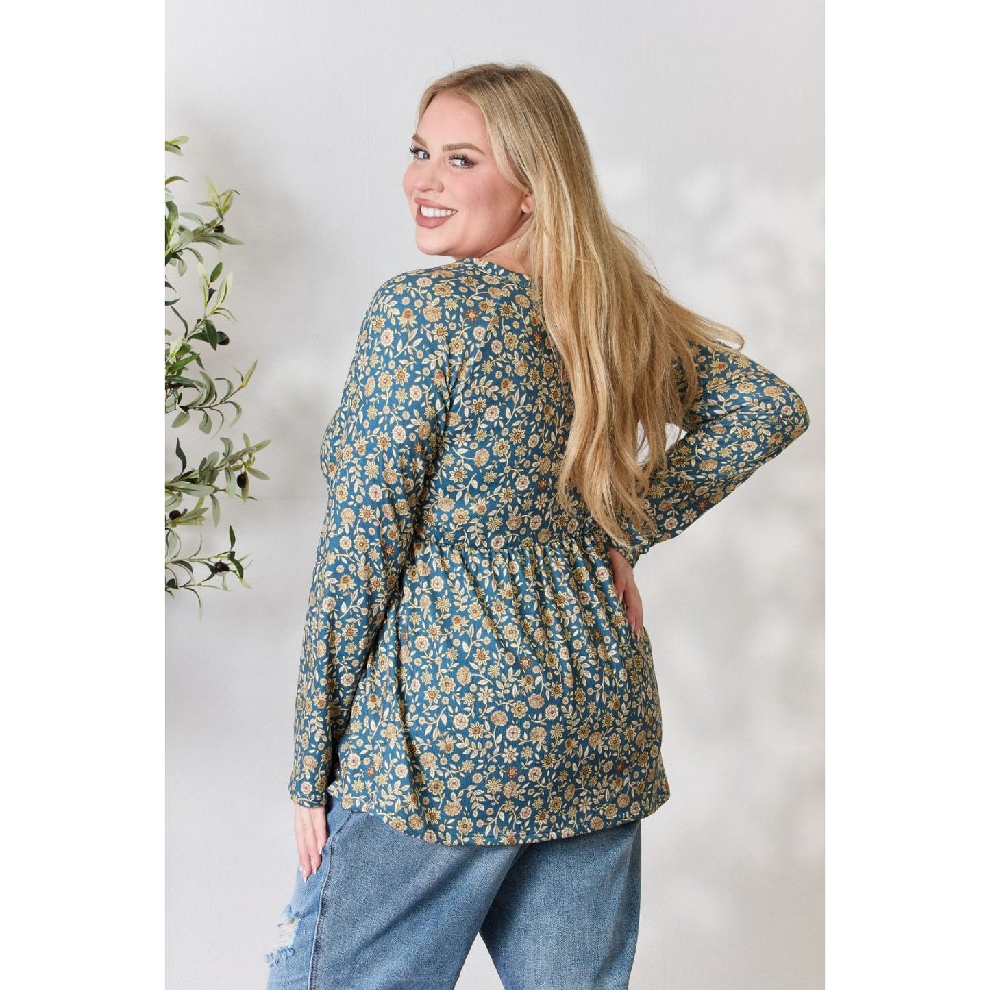 Heimish Full Size Floral Half Button Long Sleeve Blouse