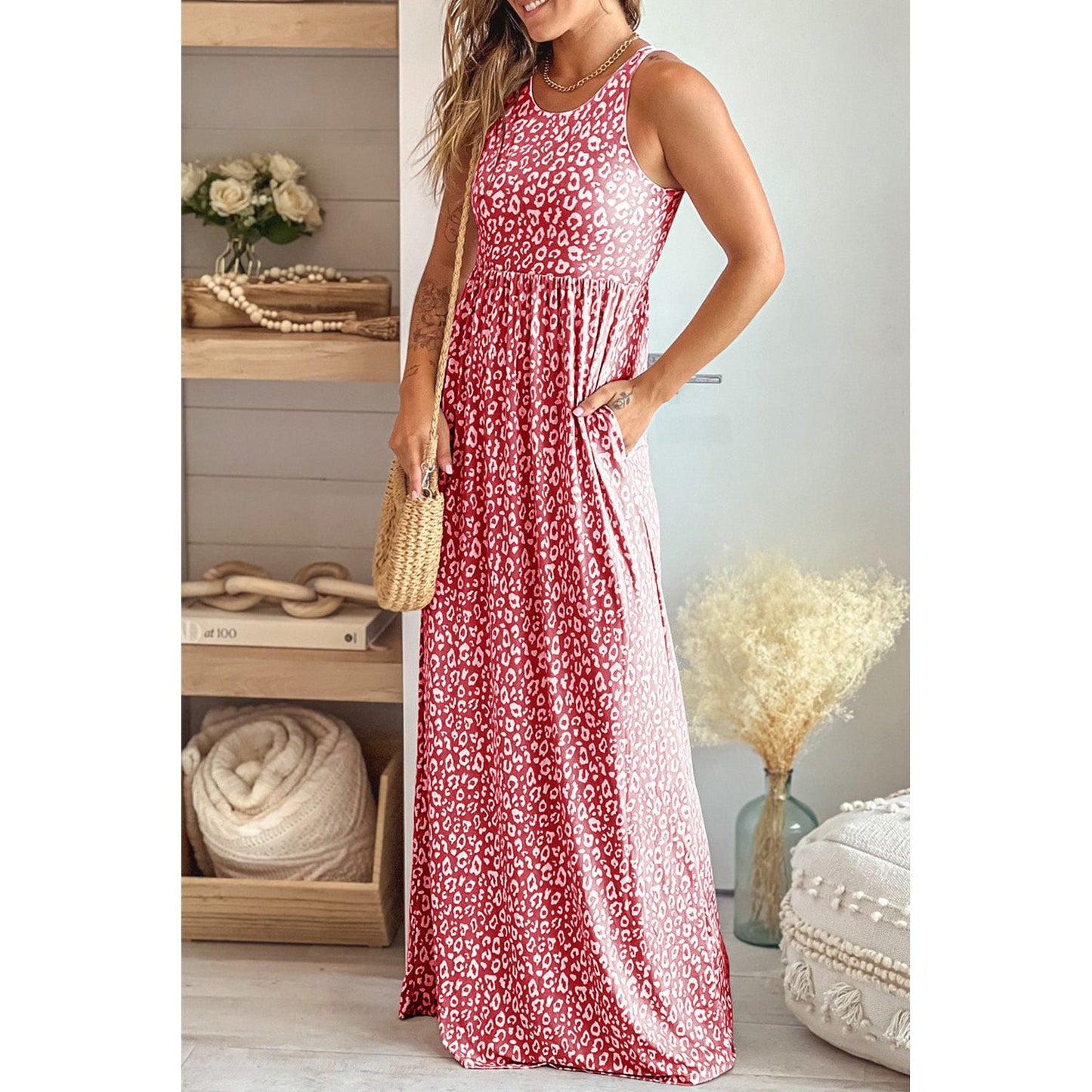 Leopard Round Neck Sleeveless Maxi Dress