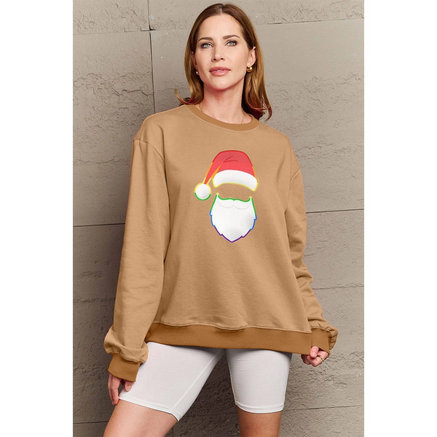 Simply Love Full Size Rainbow Santa Graphic Round Neck Sweatshirt