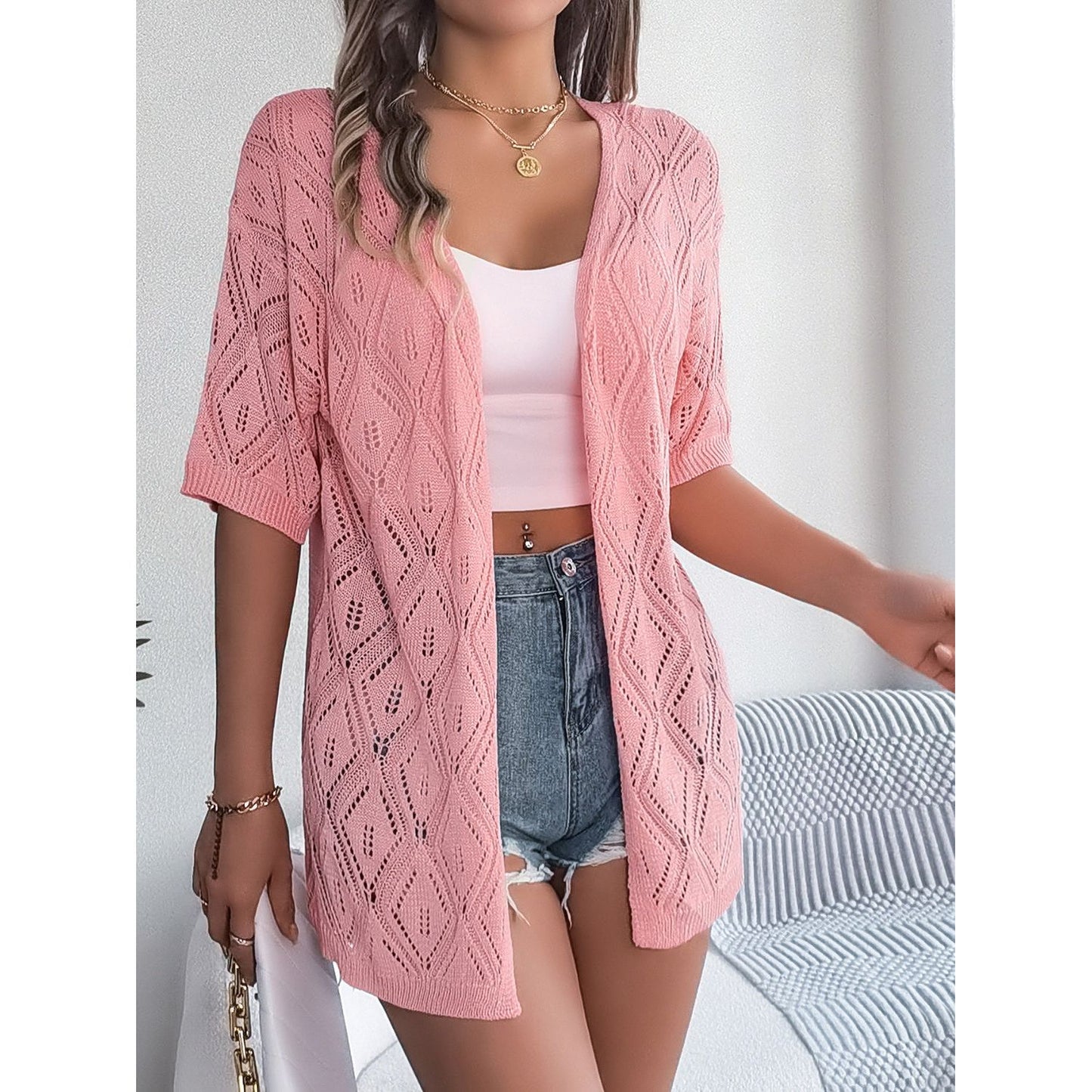 Openwork Open Front Half Sleeve Cardigan