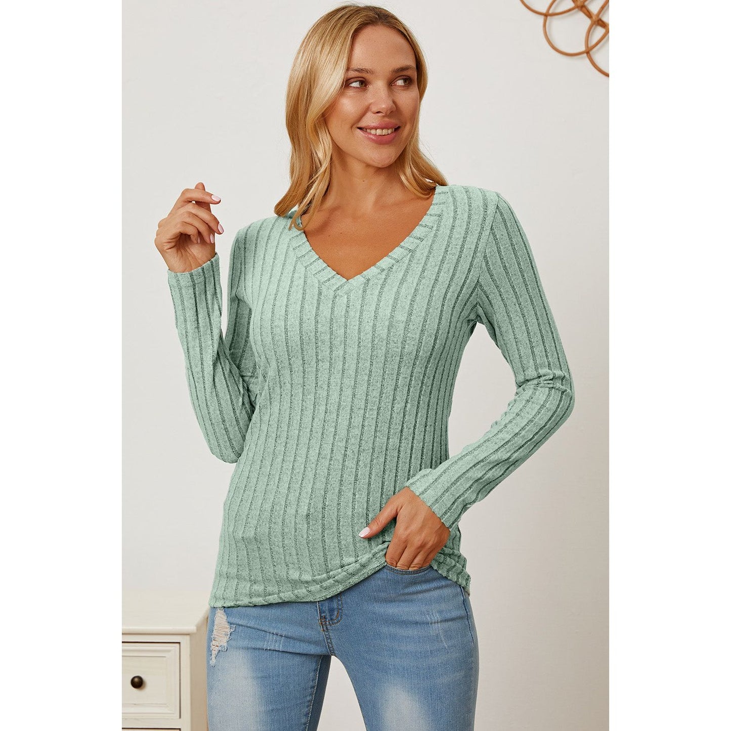 Basic Bae Full Size Ribbed V-Neck Long Sleeve T-Shirt