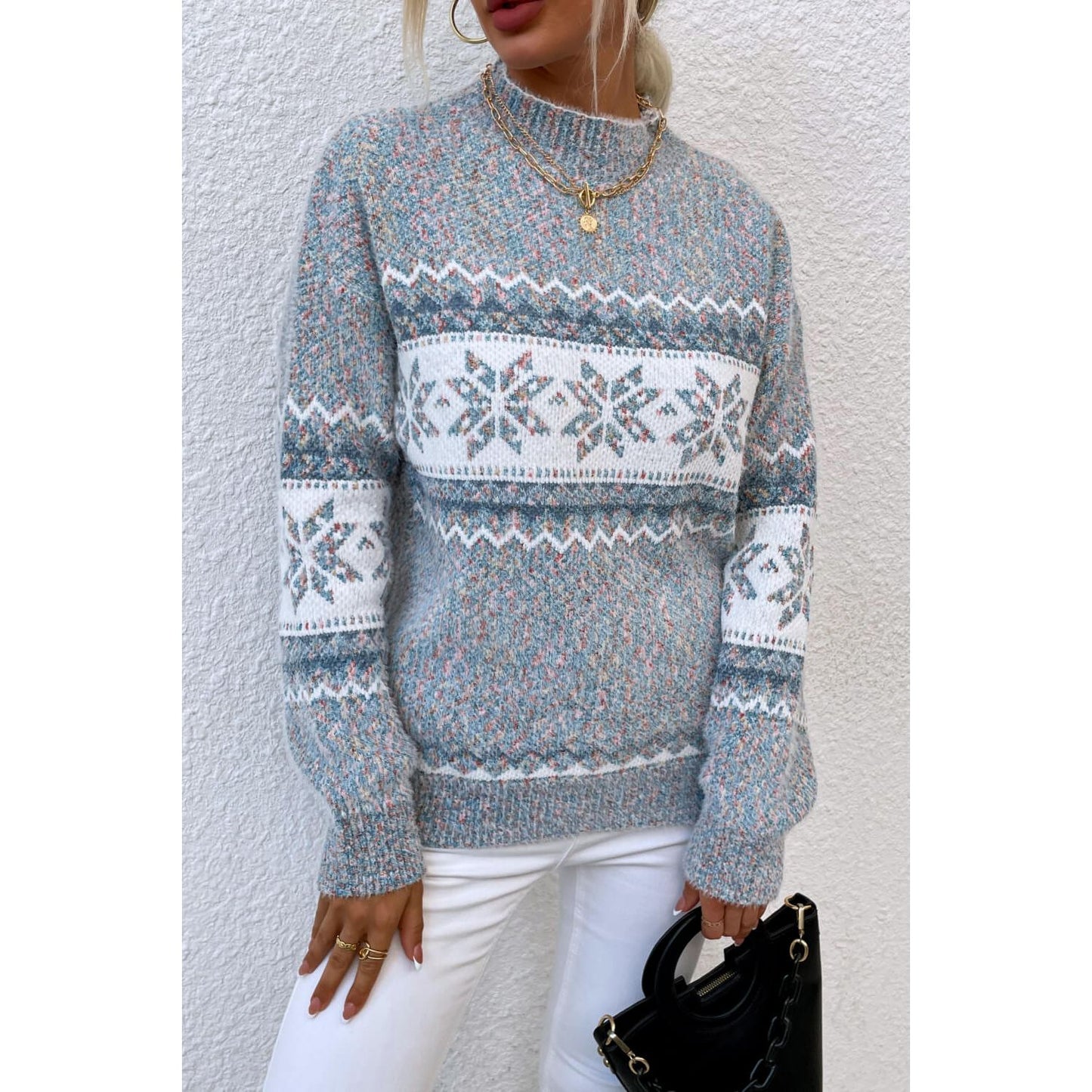 Snowflake Pattern Mock Neck Sweater