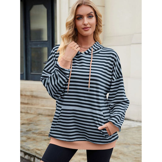 Drawstring Contrast Striped Long Sleeve Hoodie