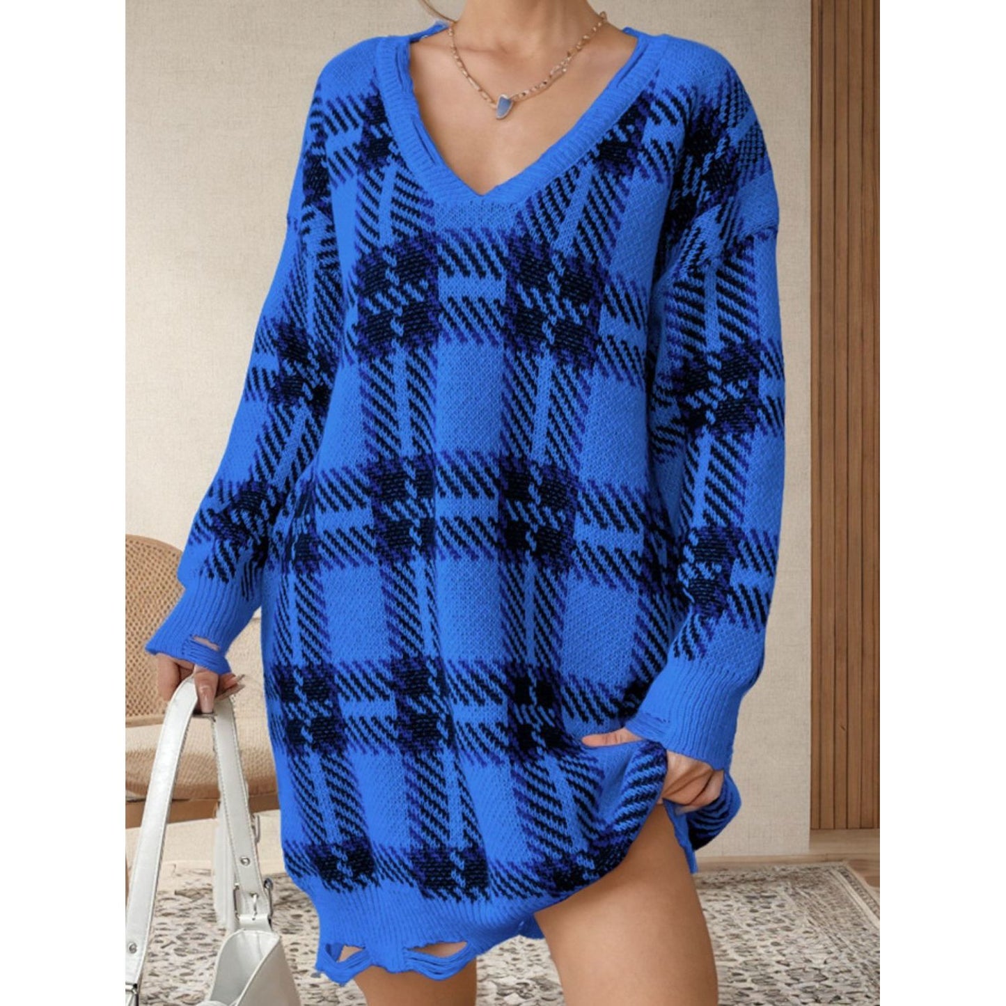 Distressed Plaid V-Neck Long Sleeve Sweater Dress