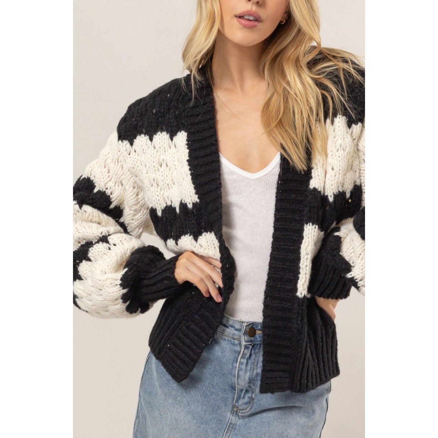 HYFVE Scallop Striped Open Front Long Sleeve Sweater Cardigan