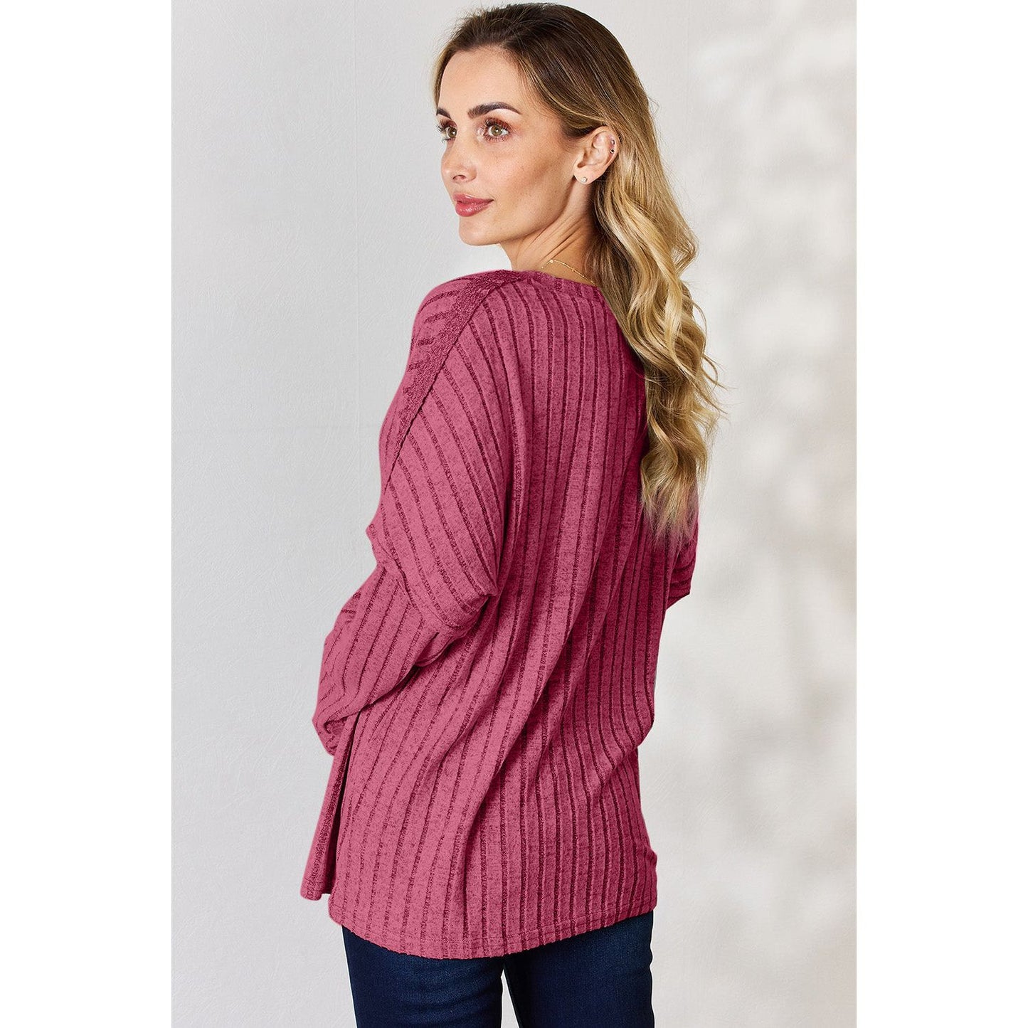 Basic Bae Full Size Ribbed Half Button Long Sleeve T-Shirt