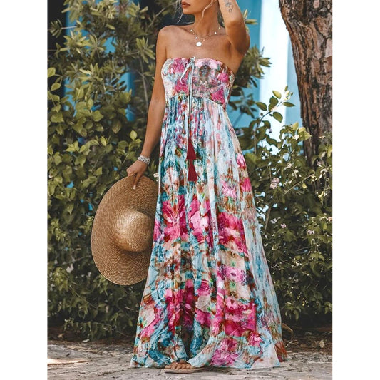 Smocked Printed Sleeveless Maxi Dress