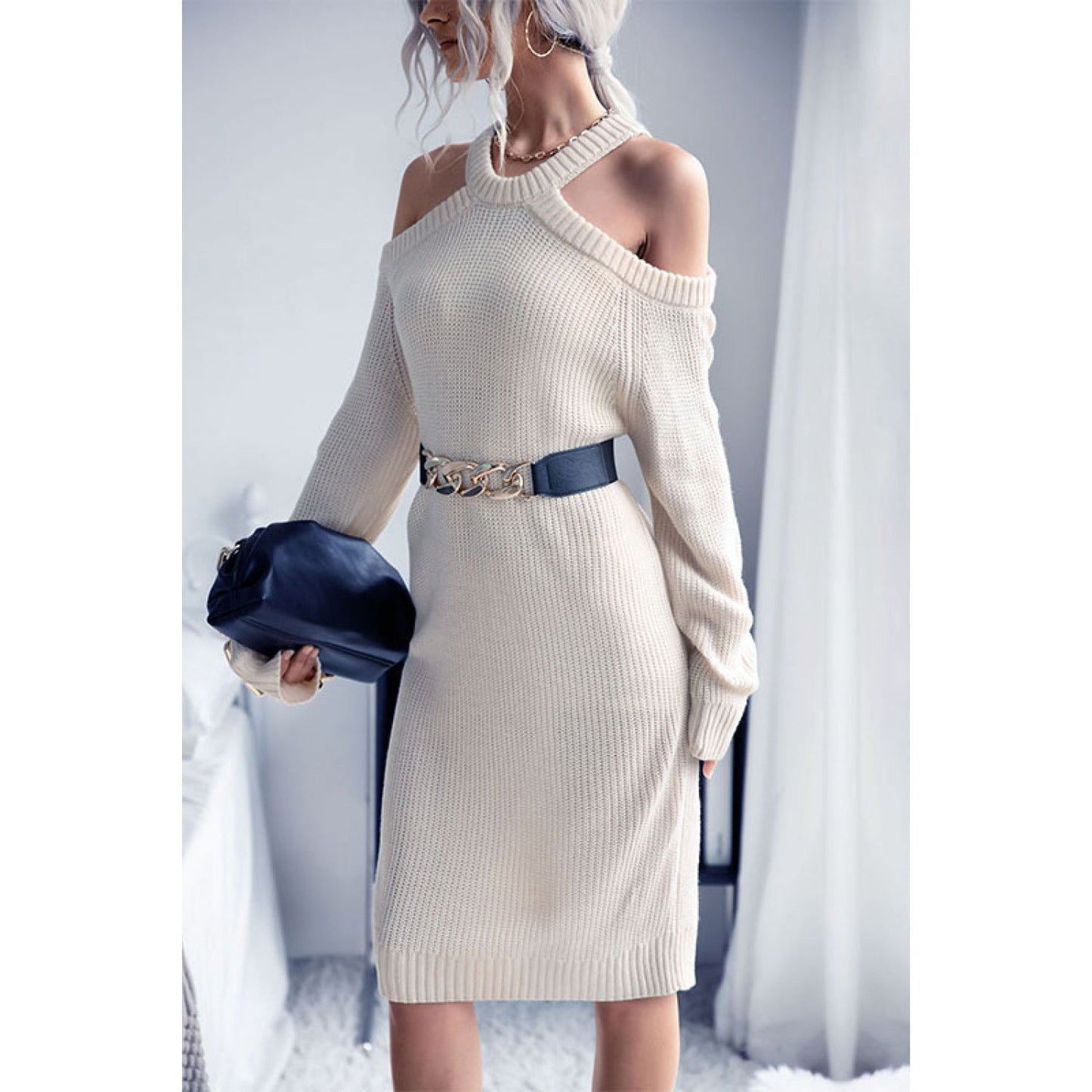 Perfee Cold Shoulder Rib-Knit Sweater Dress (Belt Not Included)