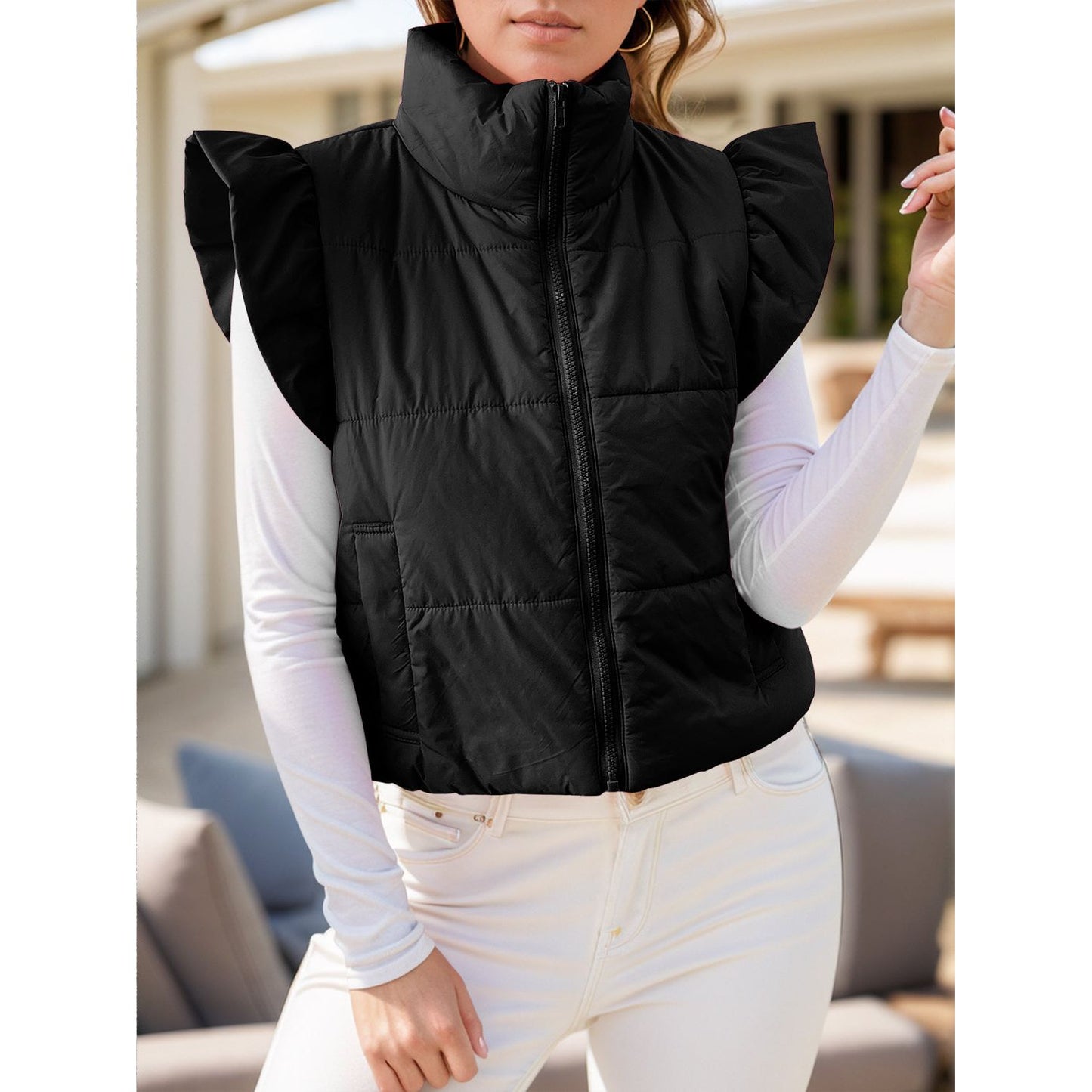 Pocketed Zip Up Cap Sleeve Jacket