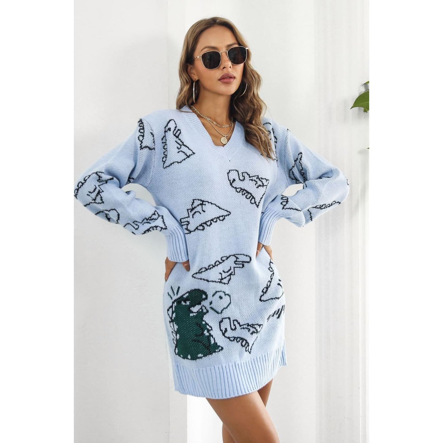 Dinosaur Pattern V-Neck Sweater Dress