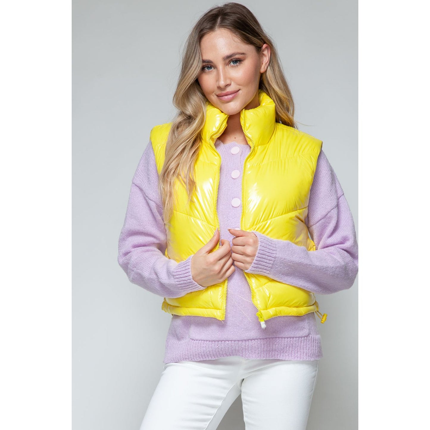 Snobbish Zip Up Turtleneck Shiny Quilted Vest