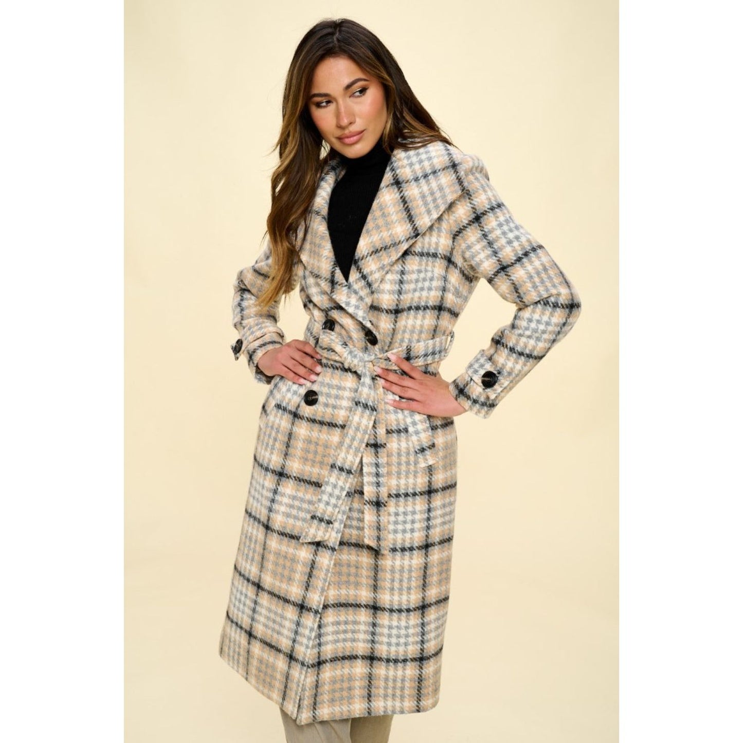 Coalition LA Double-Breasted Plaid Coat with Belt