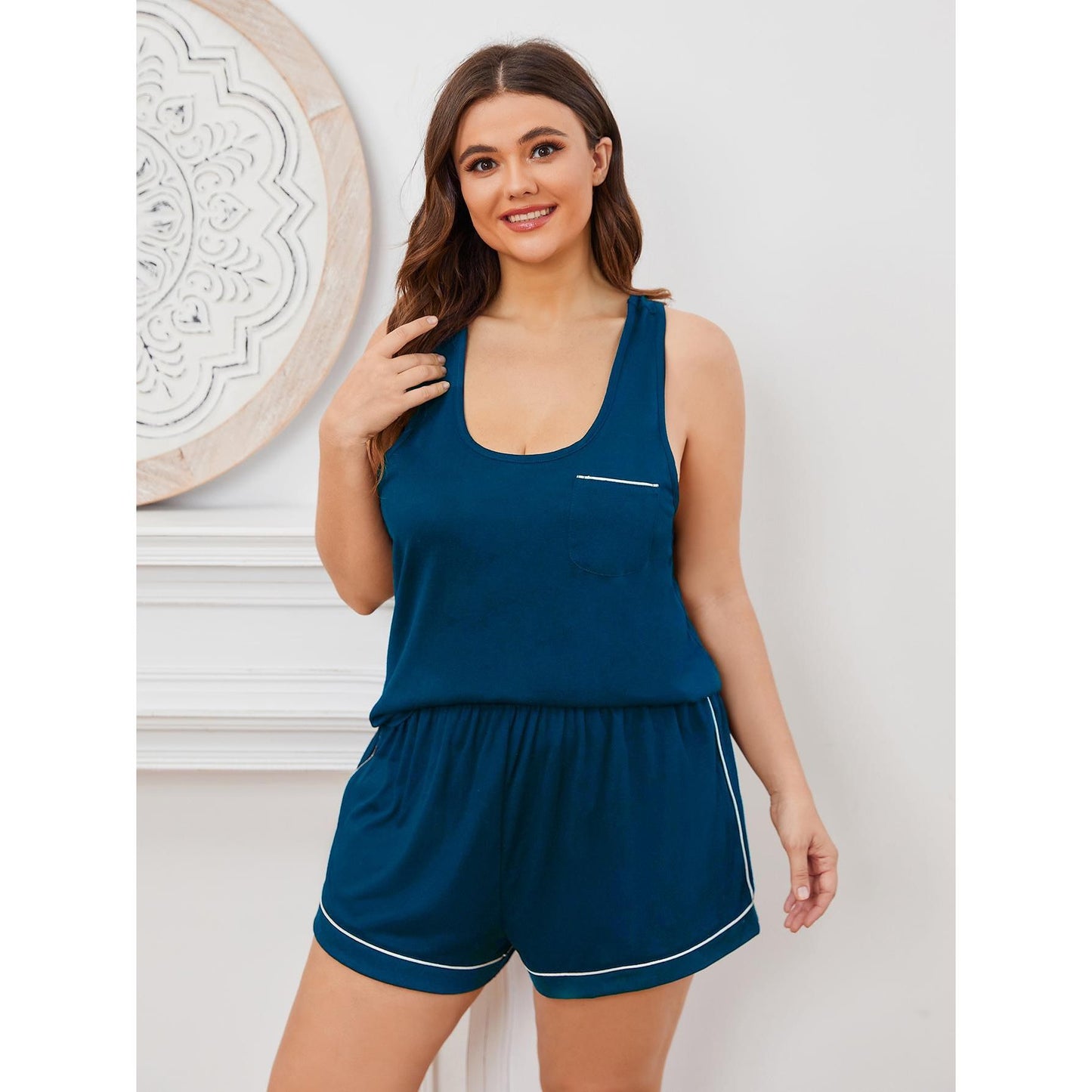 Plus Size Contrast Piping Racerback Tank and Shorts Lounge Set