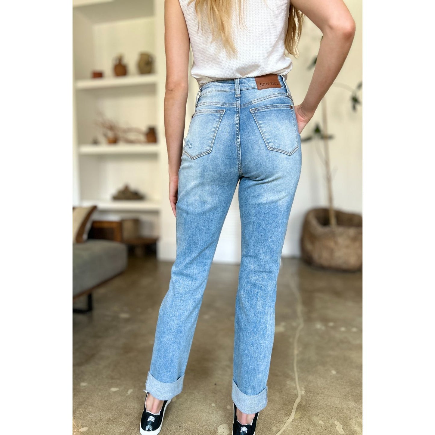 Judy Blue Full Size Distressed Straight Jeans with Patch Pockets