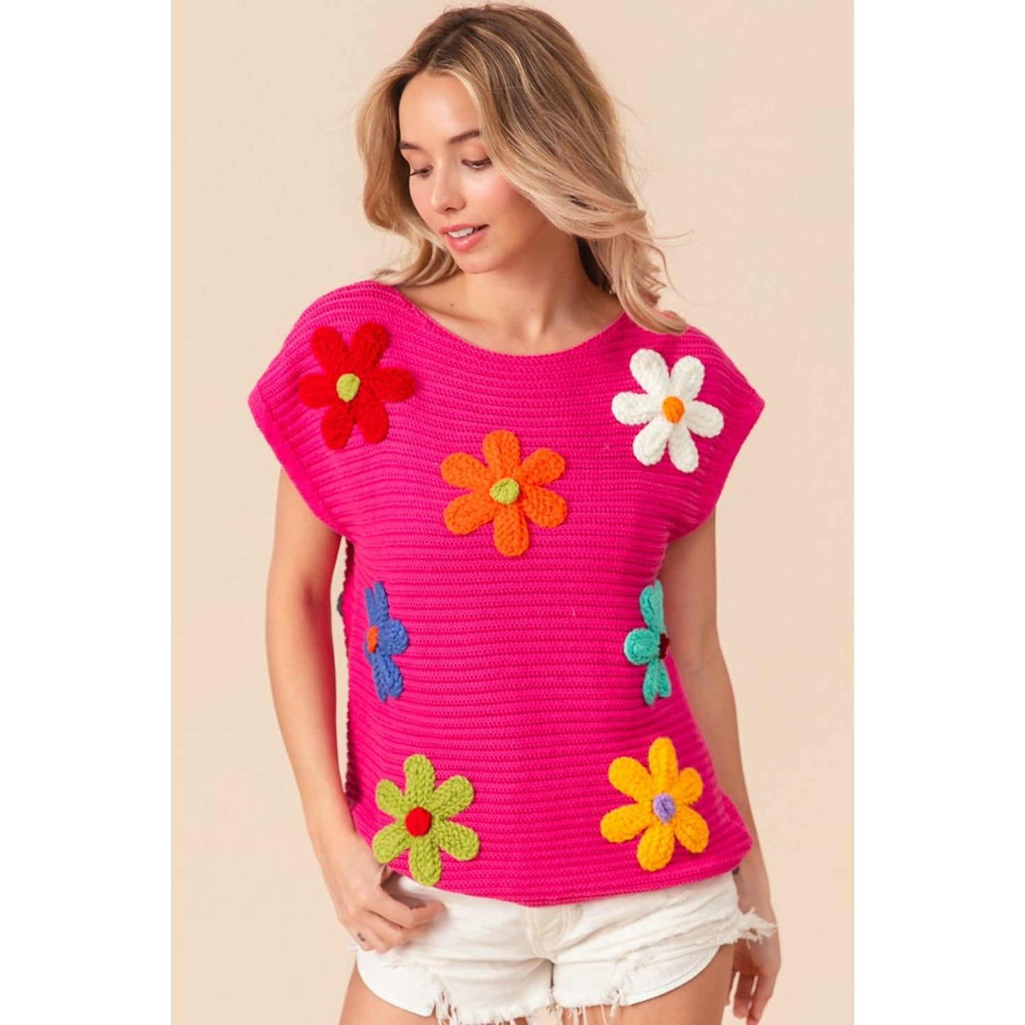 BiBi Flower Round Neck Cap Sleeve Knit Top