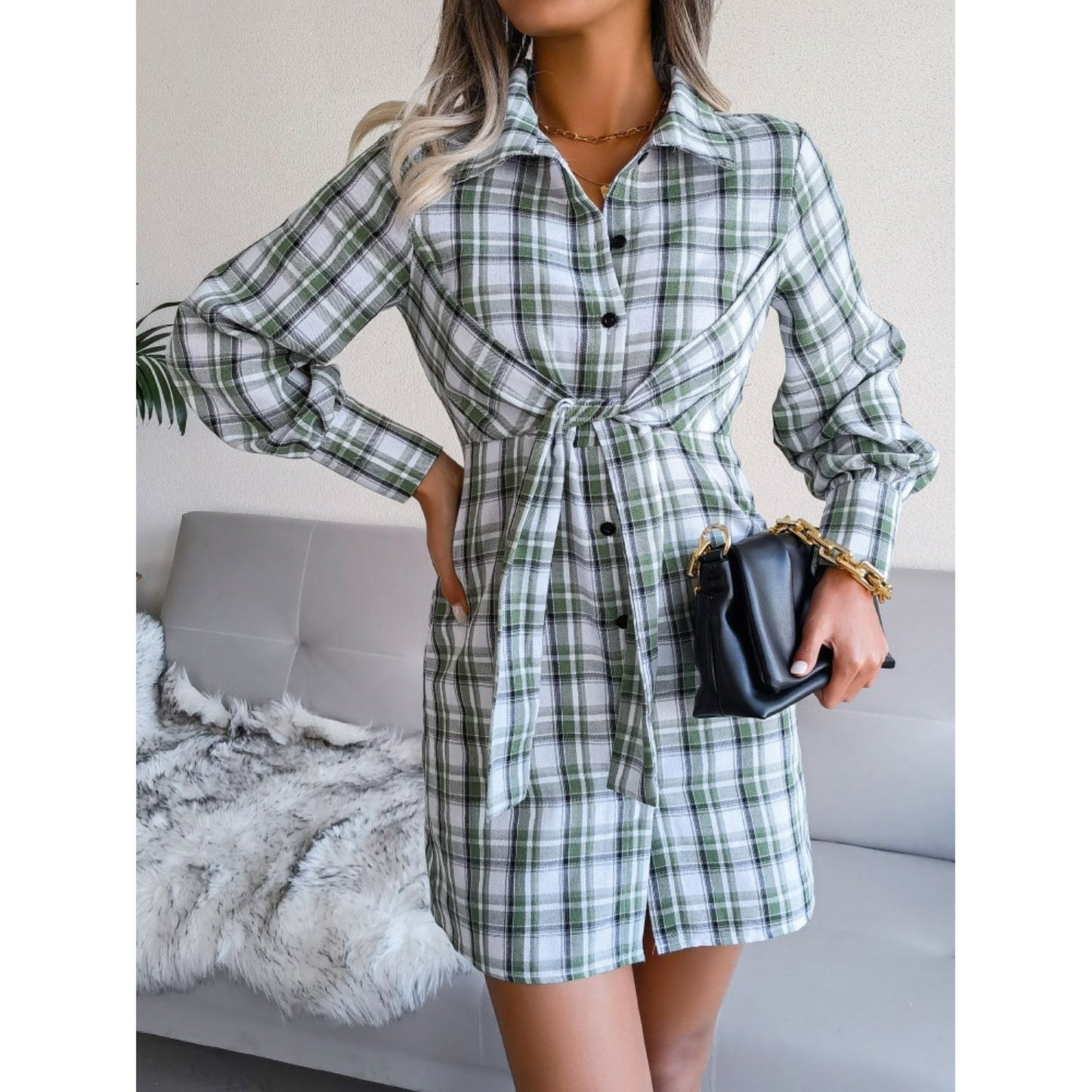 Tied Plaid Long Sleeve Mini Shirt Dress