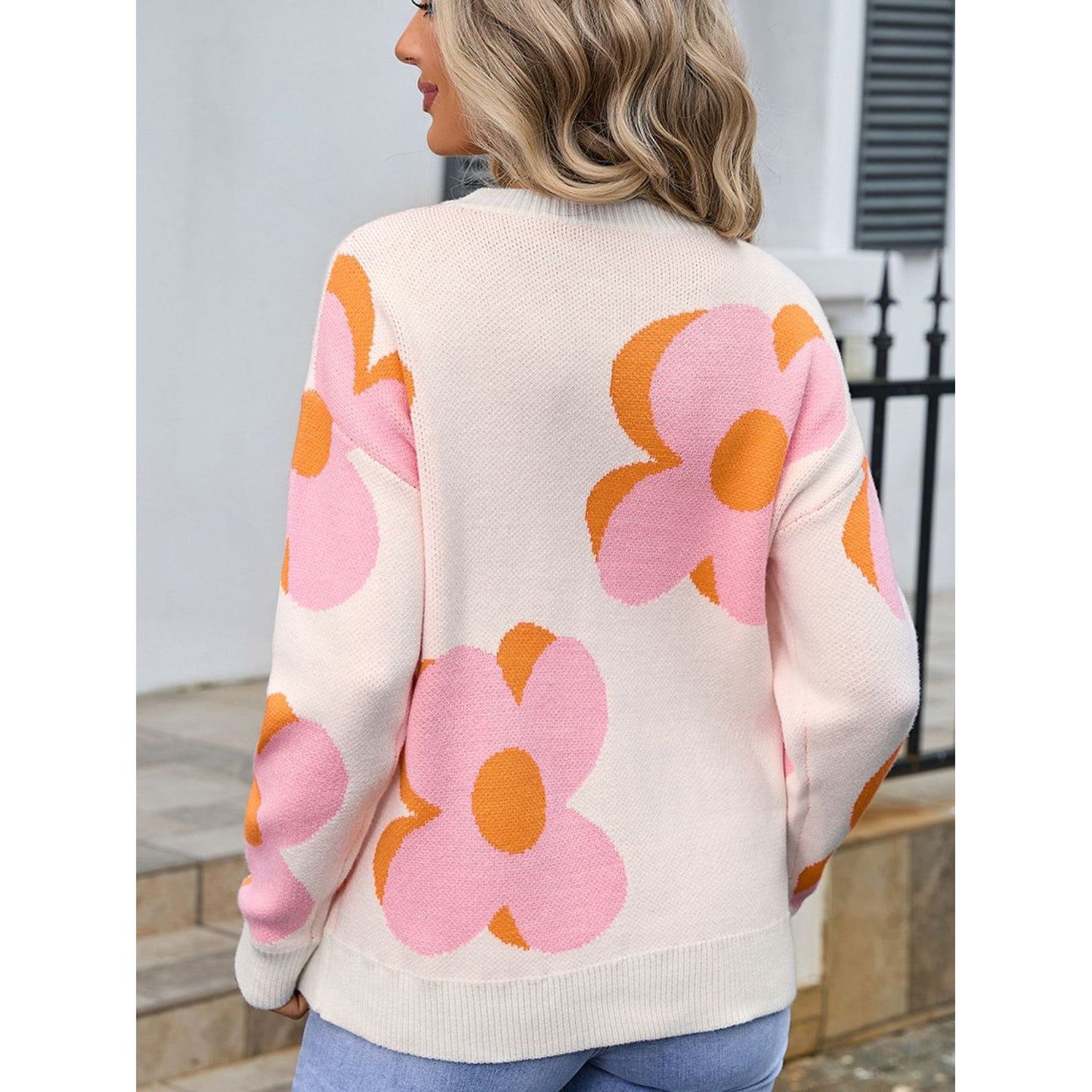 Angel Wings Flower Round Neck Long Sleeve Sweater