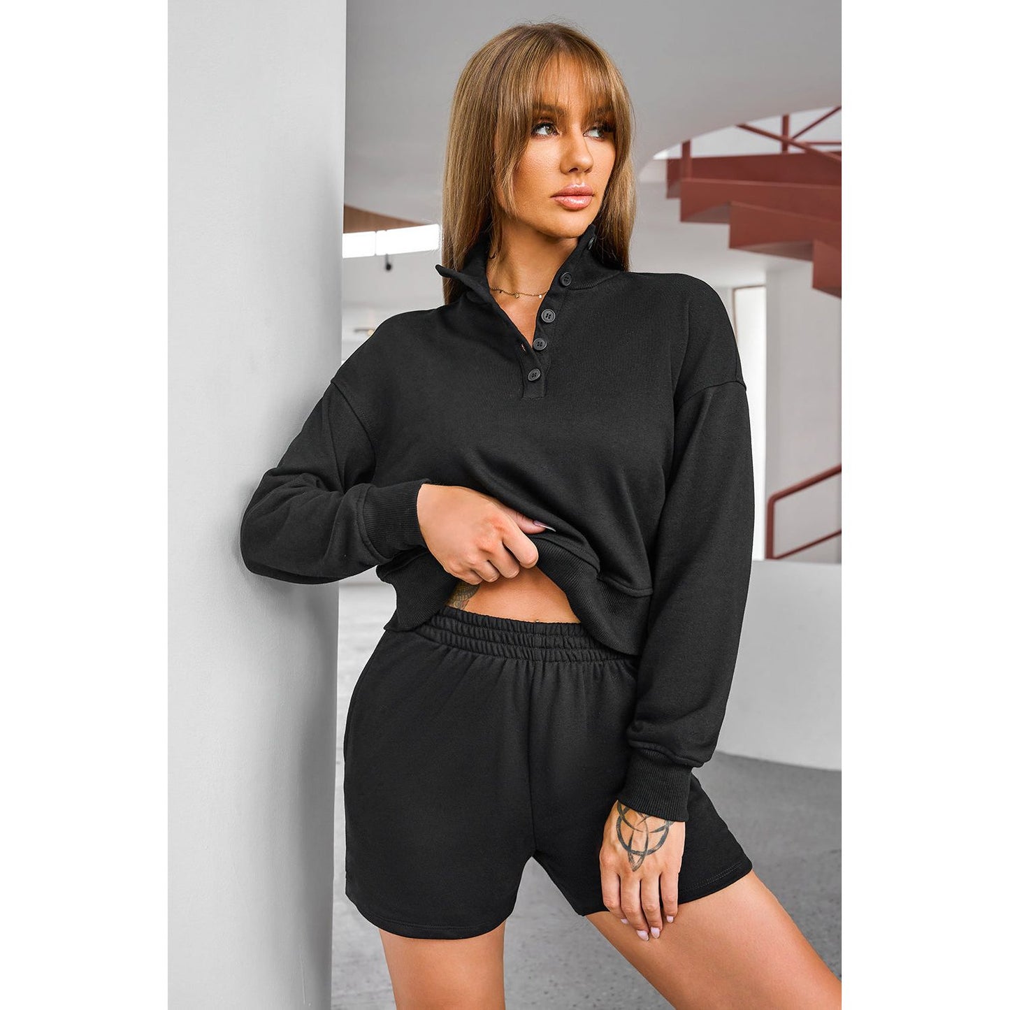 Half Button Sweatshirt and Shorts Active Set