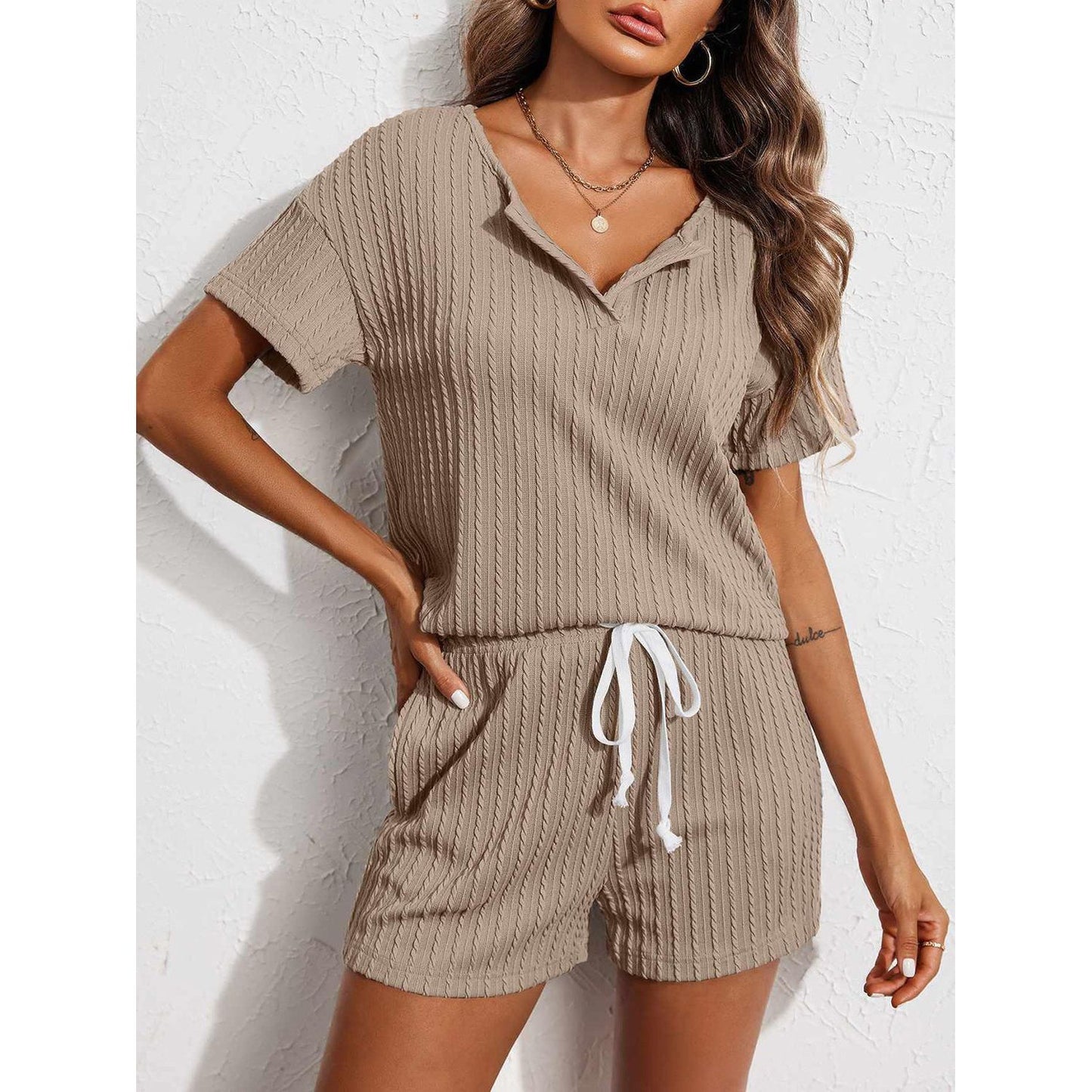 Notched Short Sleeve Top and Shorts Set