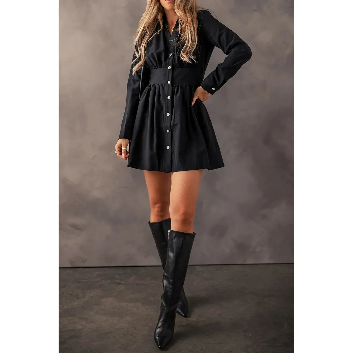 Ruched Button Up Long Sleeve Dress