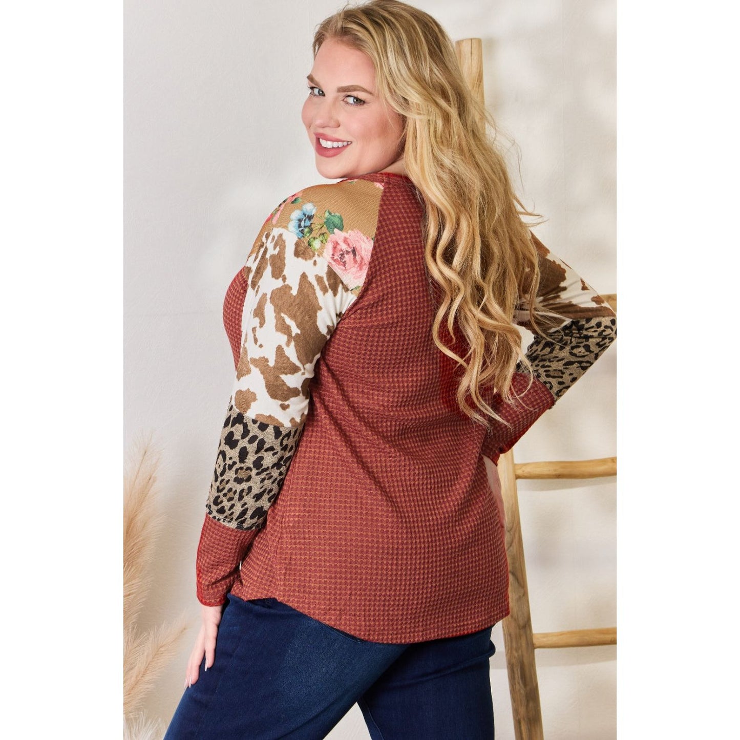 Hailey & Co Full Size Leopard Waffle-Knit Blouse