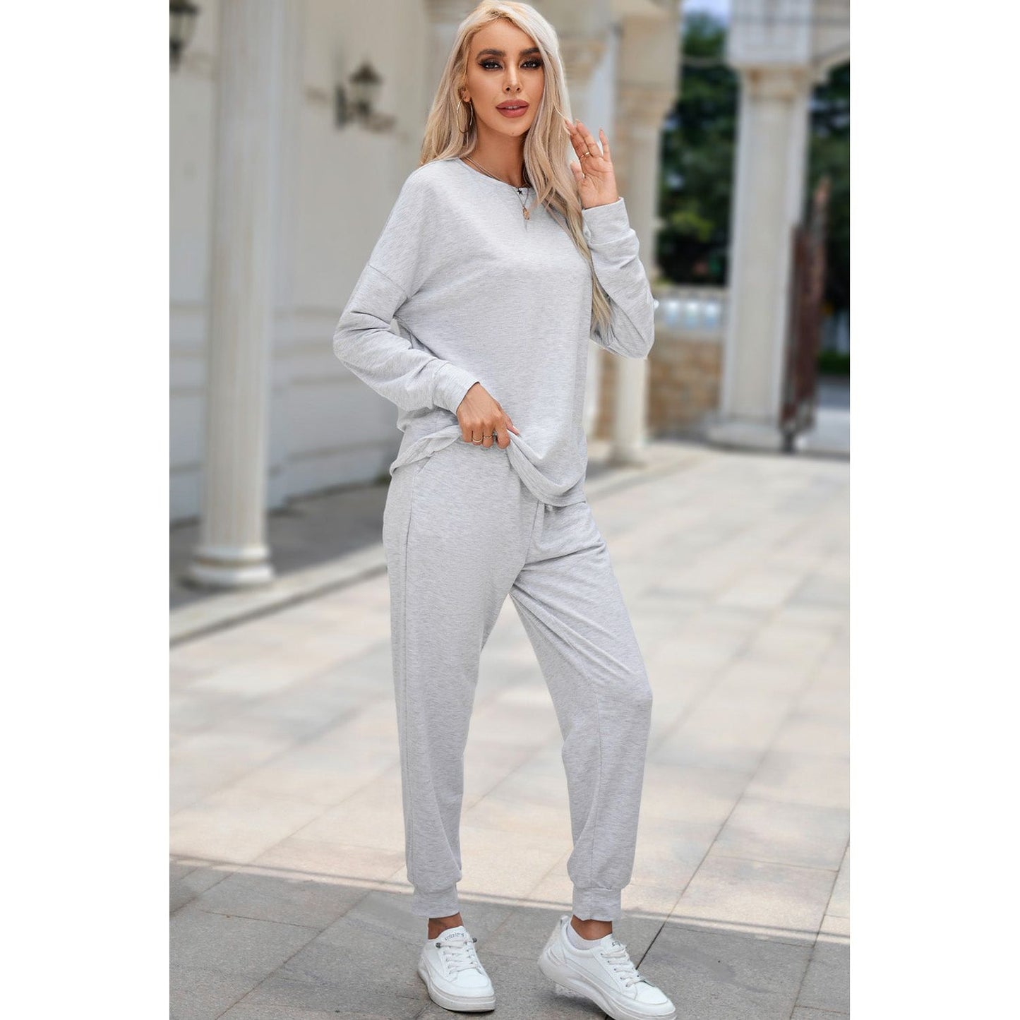 Round Neck Top and Drawstring Pants Lounge Set