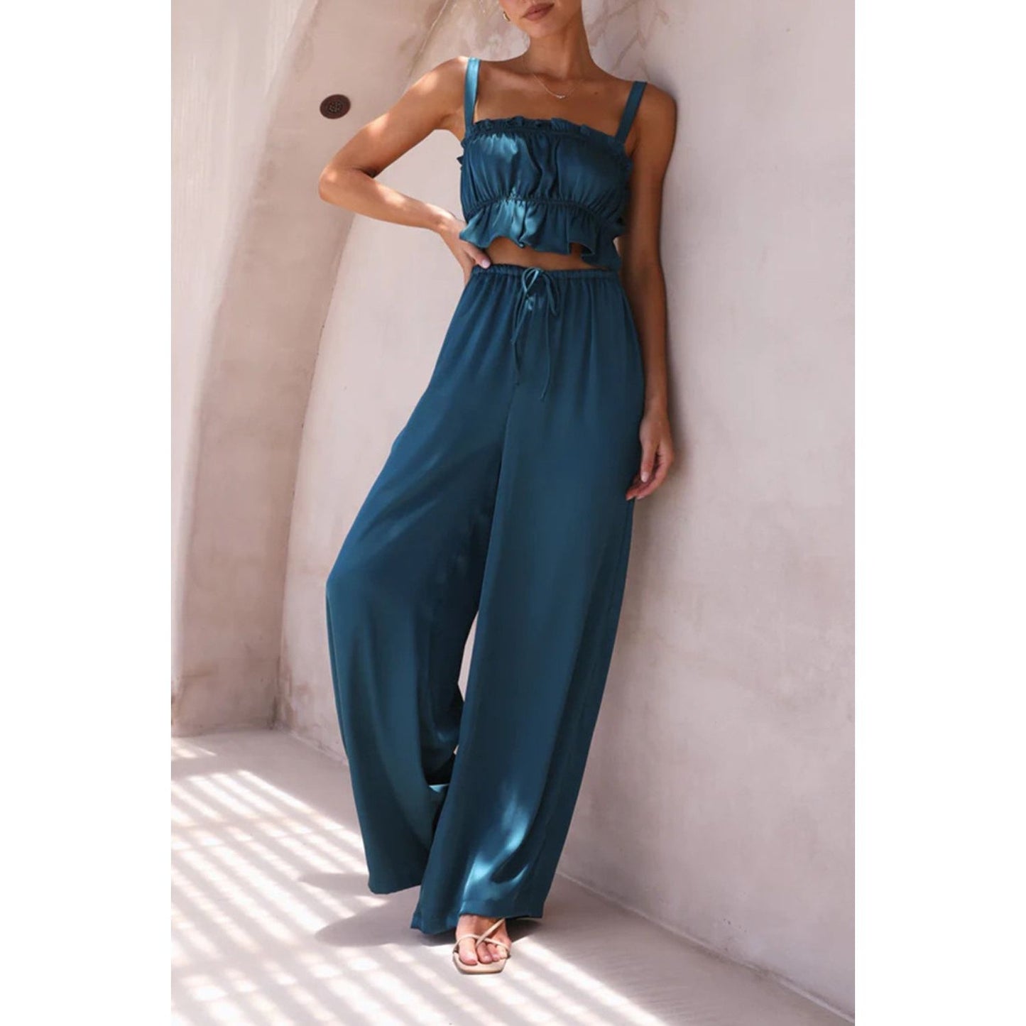 Ruffled Sleeveless Top and Wide Leg Pants Set