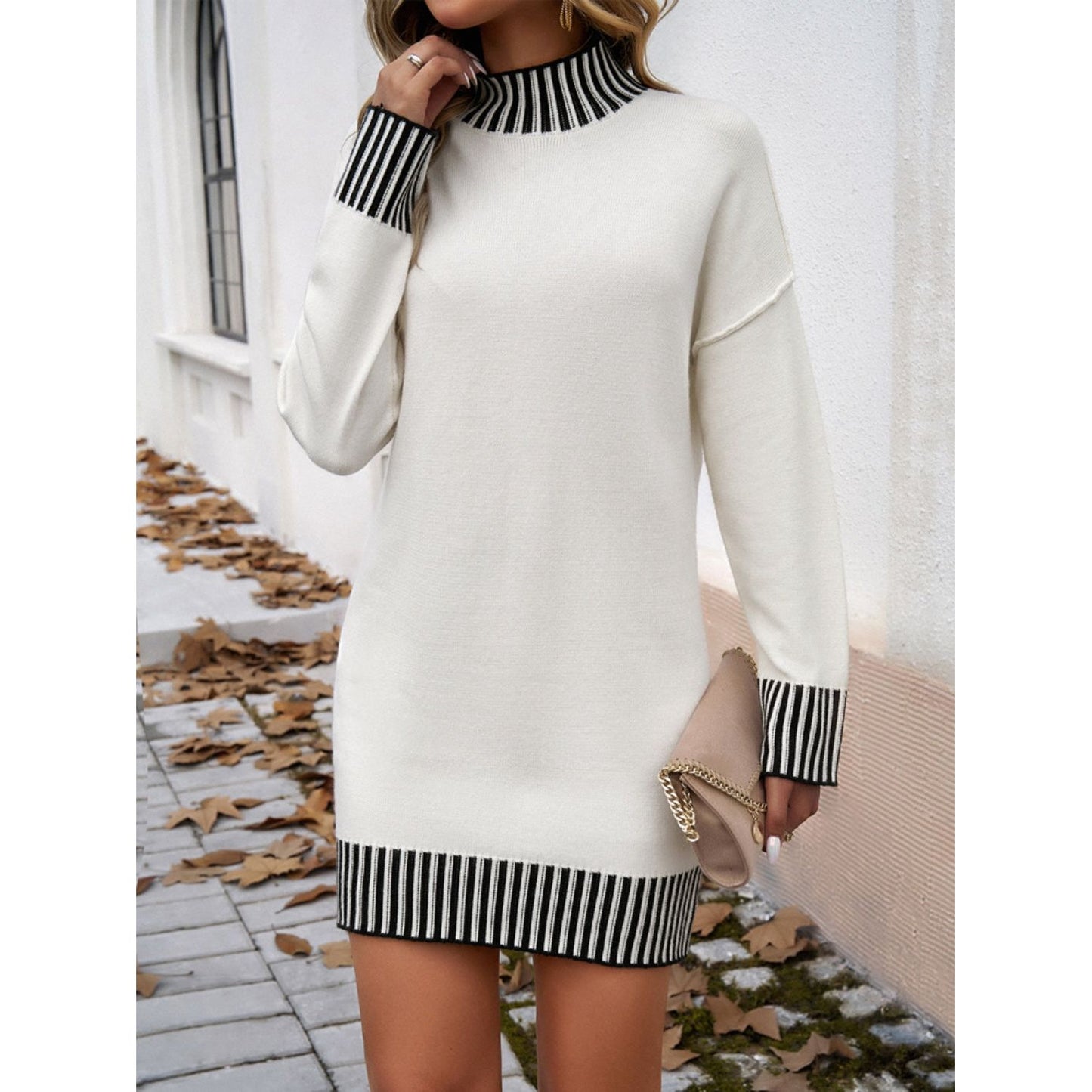 Devine Striped Mock Neck Long Sleeve Sweater Dress