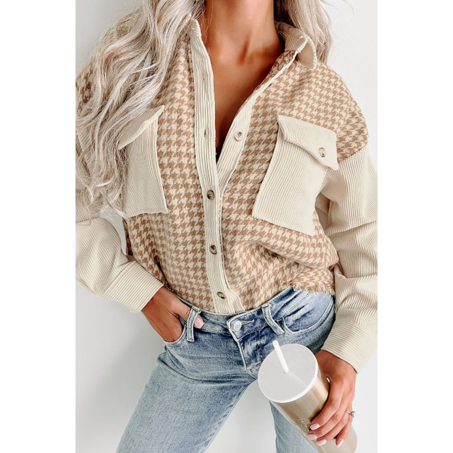 Houndstooth Button Up Long Sleeve Jacket