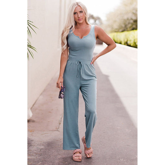 Notched Neck Tank Top and Tie Waist Wide Leg Long Pants Lounge Set