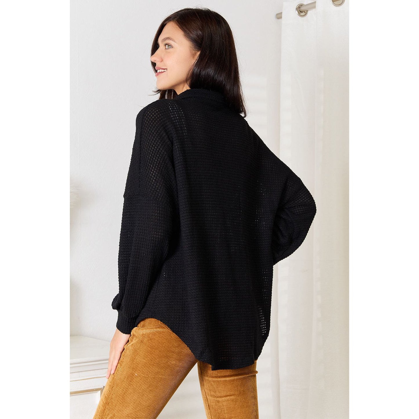 Double Take Waffle-Knit Collared Neck Dropped Shoulder Shirt