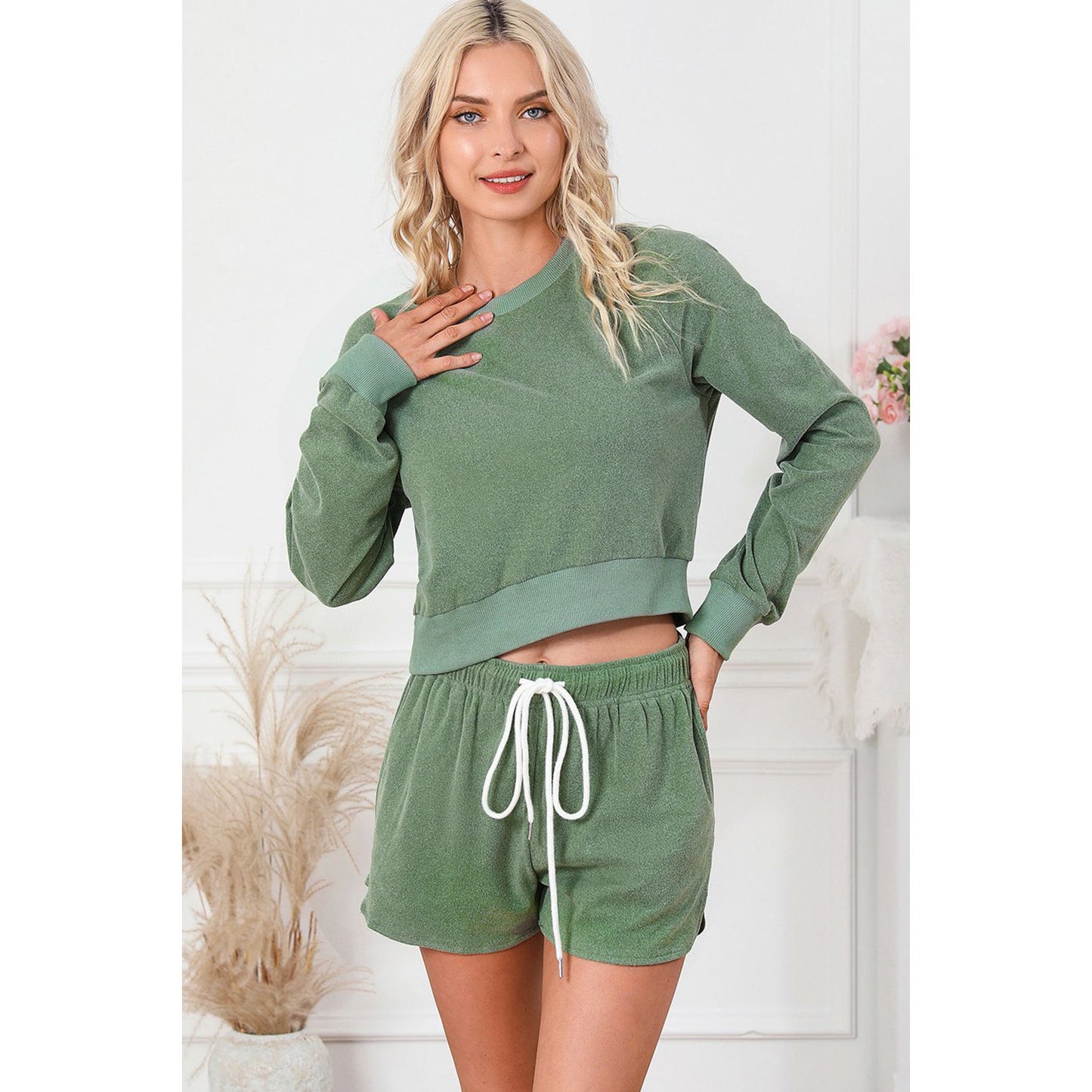 Round Neck Long Sleeve Top and Drawstring Shorts Lounge Set