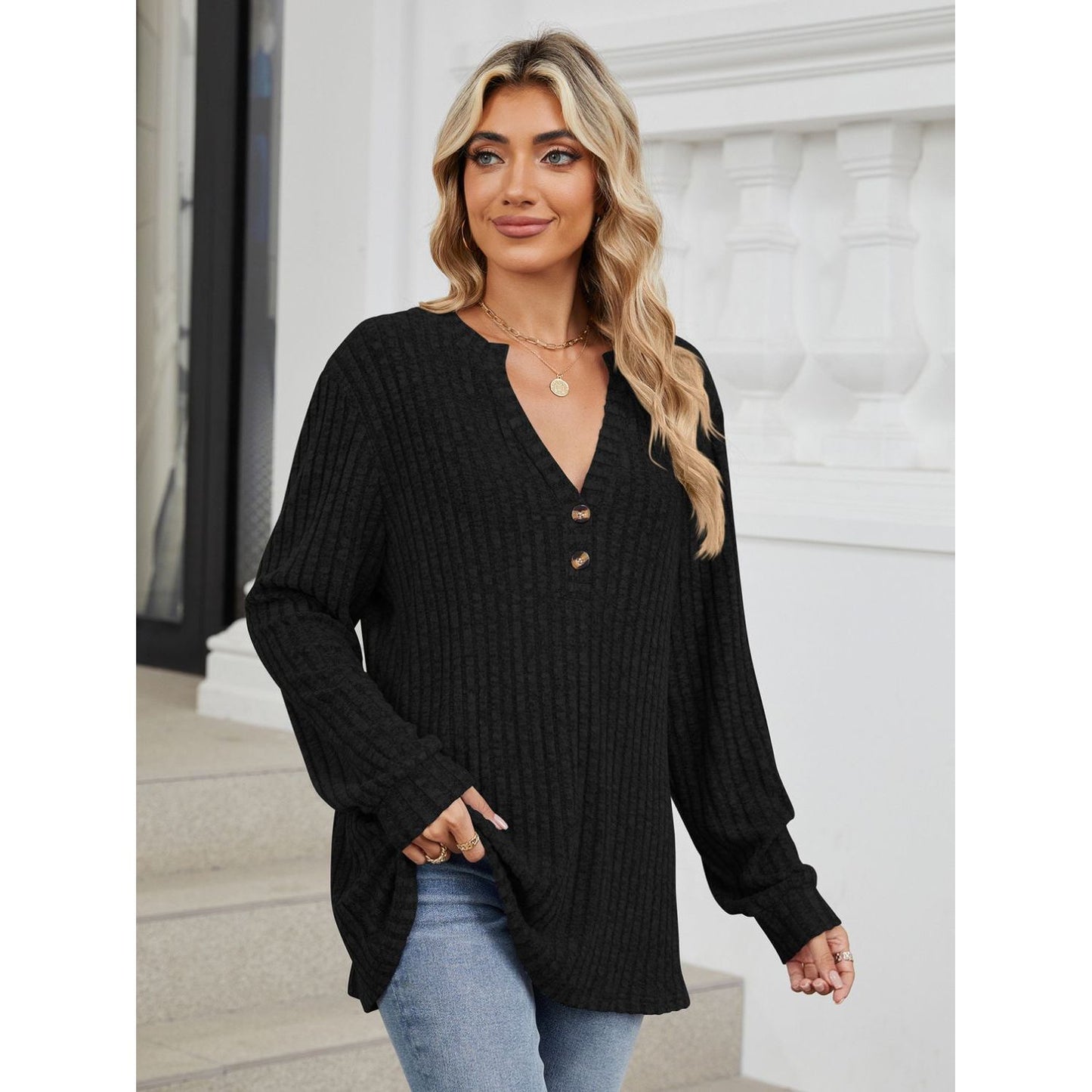 Ribbed Notched Long Sleeve T-Shirt