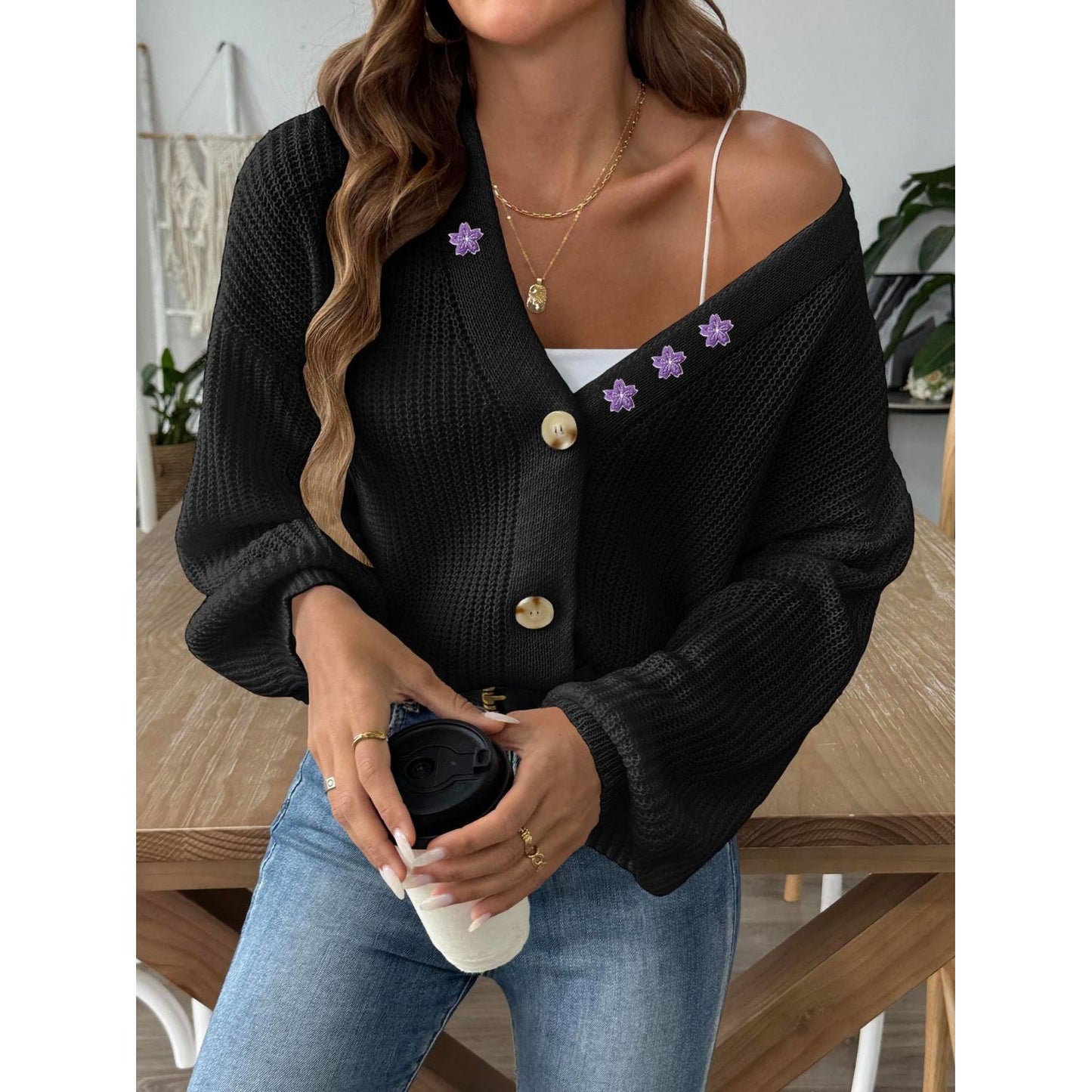 V-Neck Button Up Long Sleeve Cardigan