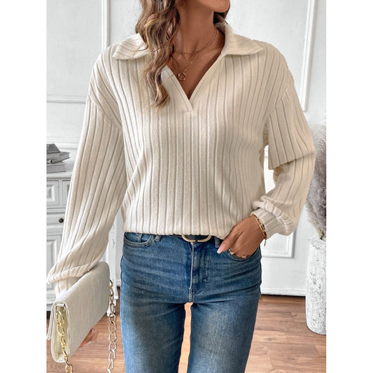 Ribbed Johnny Collar Long Sleeve T-Shirt