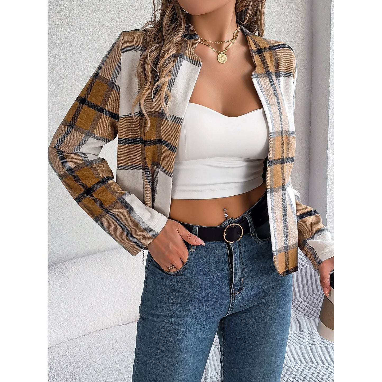 Plaid Open Front Long Sleeve Jacket