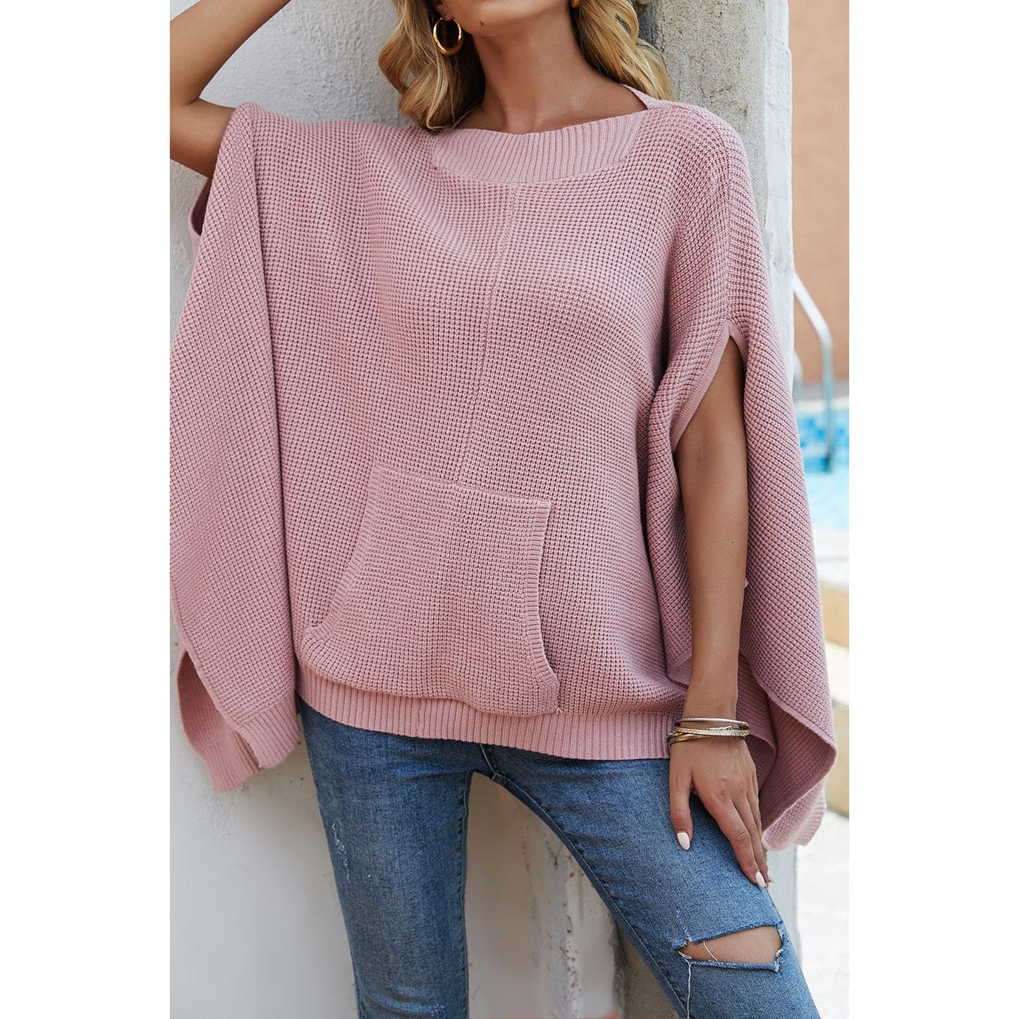 Waffle-Knit Pocketed Cape Sleeve Sweater