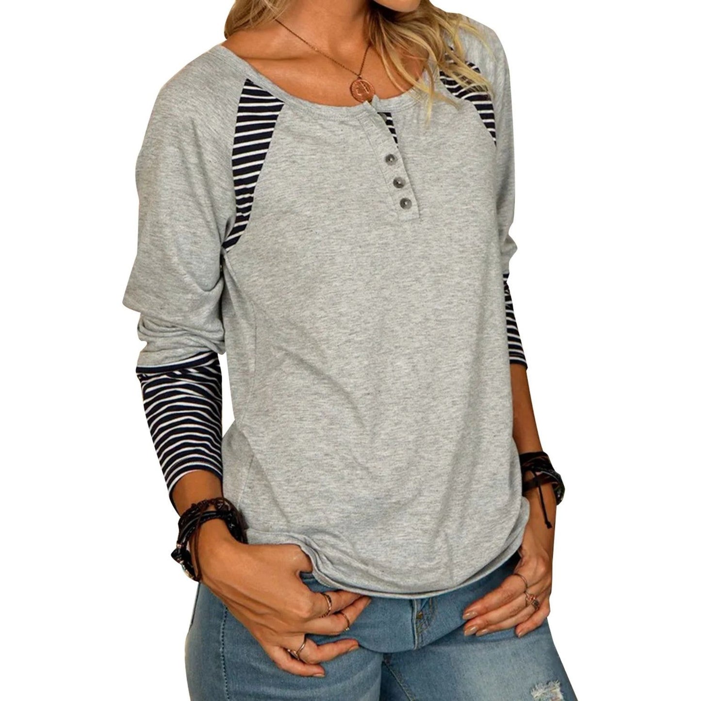 Full Size Striped Quarter Button Long Sleeve T-Shirt