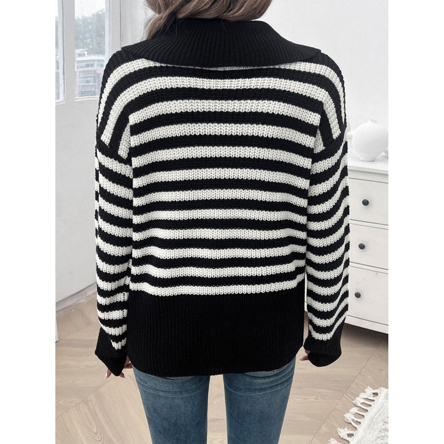 Devine Striped Collared Neck Long Sleeve Sweater