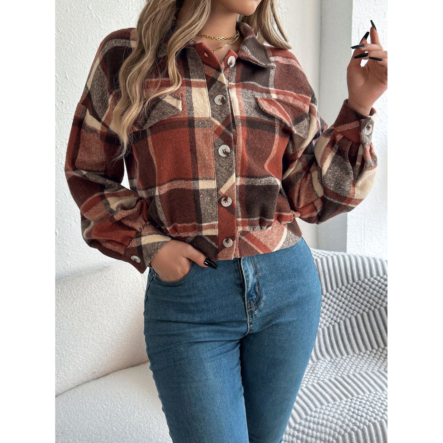 Plaid Button Up Long Sleeve Jacket