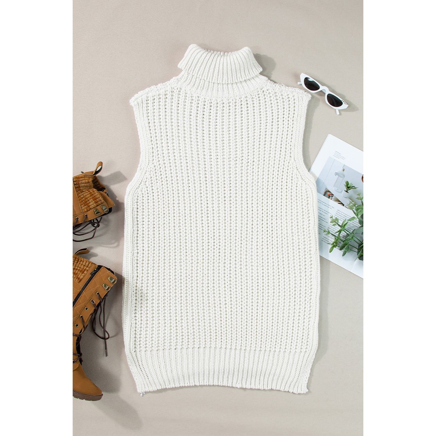 Slit Turtleneck Sleeveless Sweater Vest