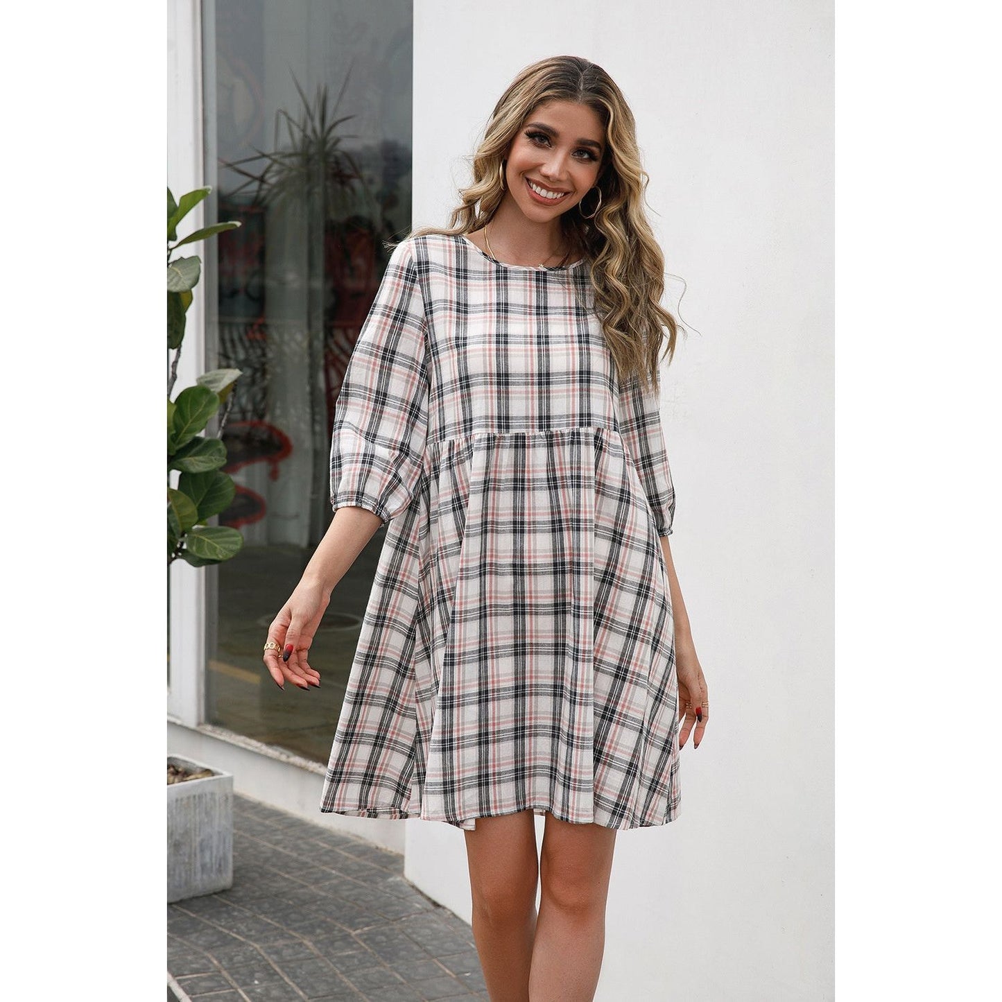 Ivy Lane Plaid Round Neck Mini Dress