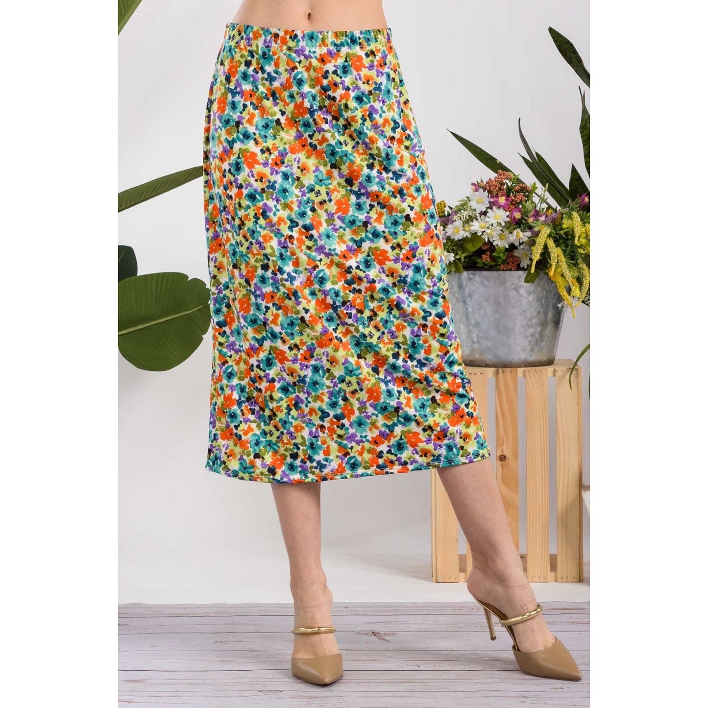 Celeste Full Size Floral A-Line Midi Skirt